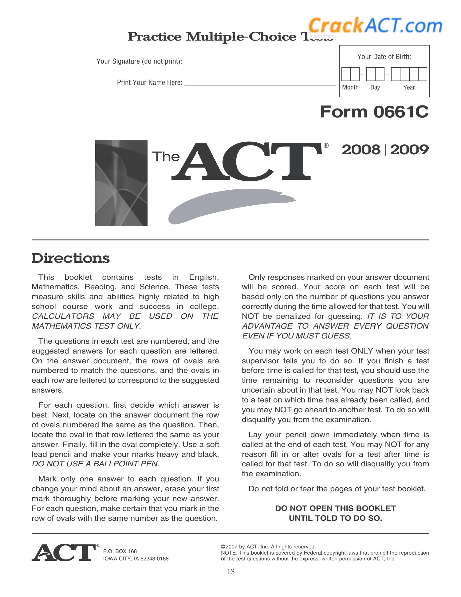 20089 ACT Form 0661C (also January 2006 ACT) McElroy Tutoring.pdf