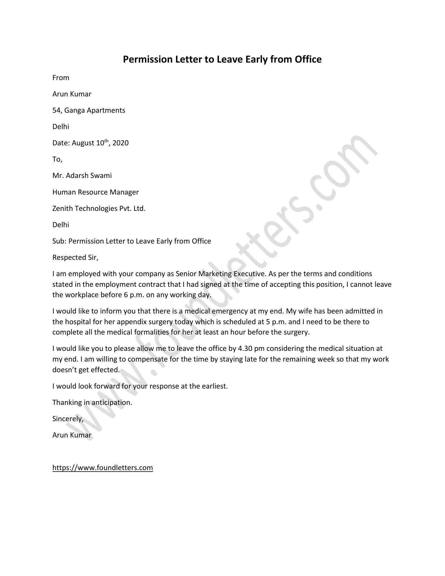 Permission Letter To Leave Early From Office pdf DocDroid