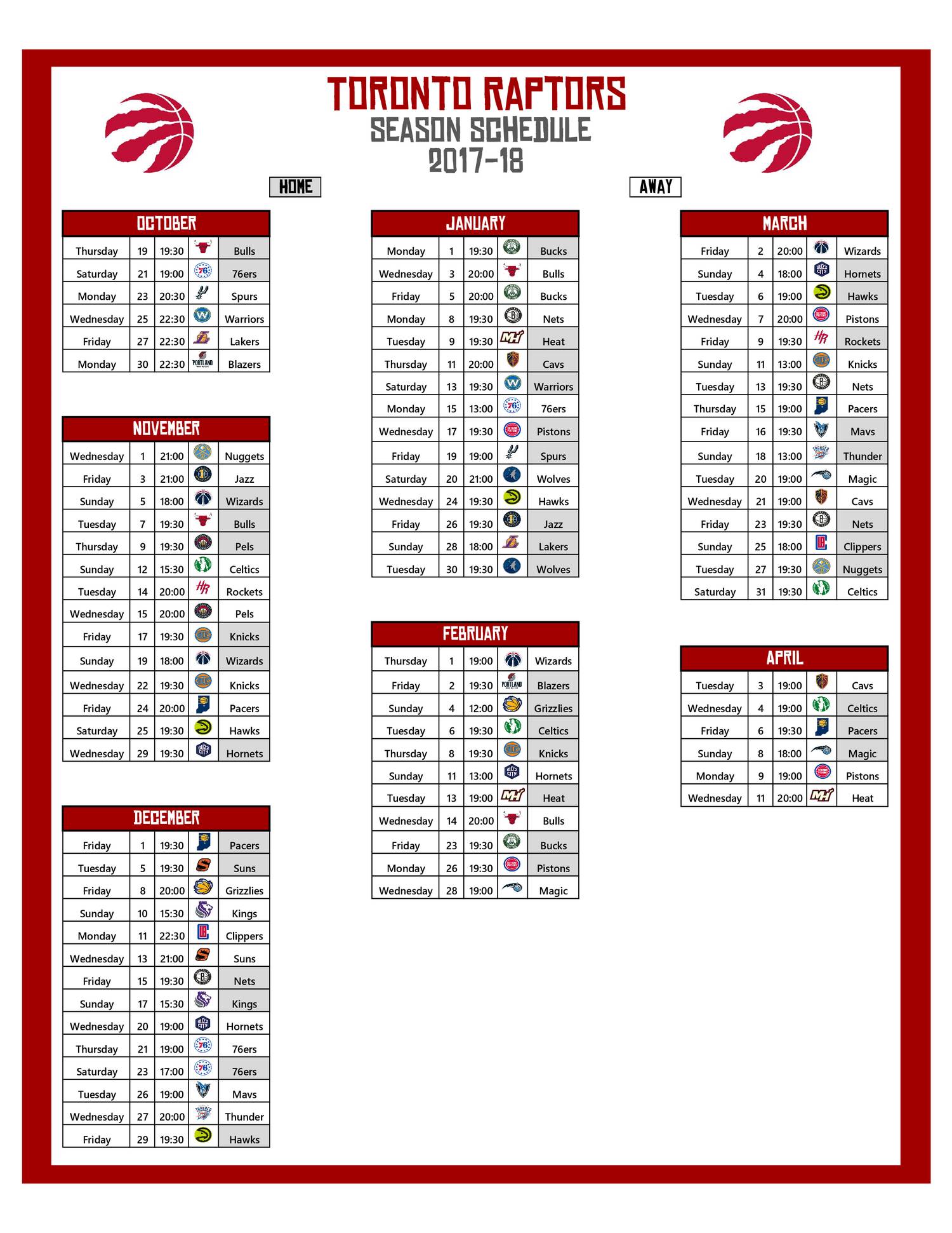 Toronto Raptors Schedule 2025 23 24 Printable