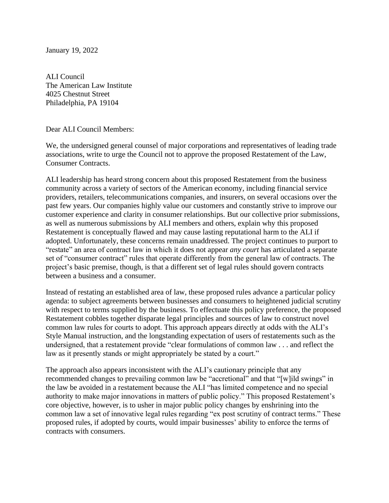 GC And Trades Letter To ALI Council Re Restatement Of Consumer ...