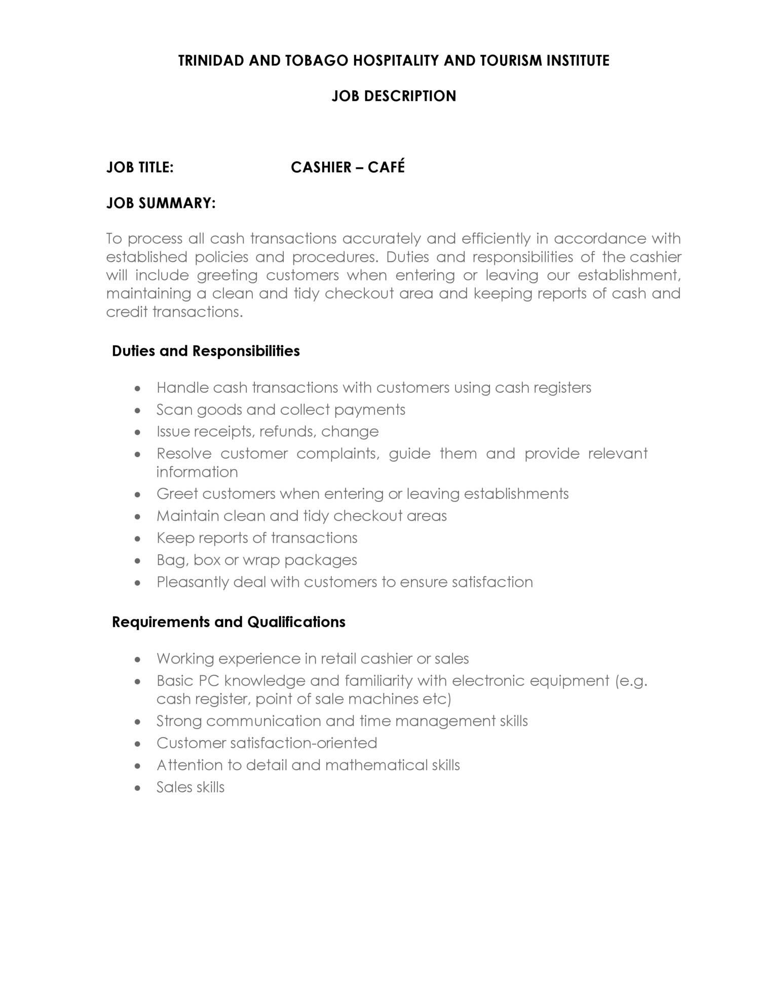 Job Description Of Cashier Free Resume Templates