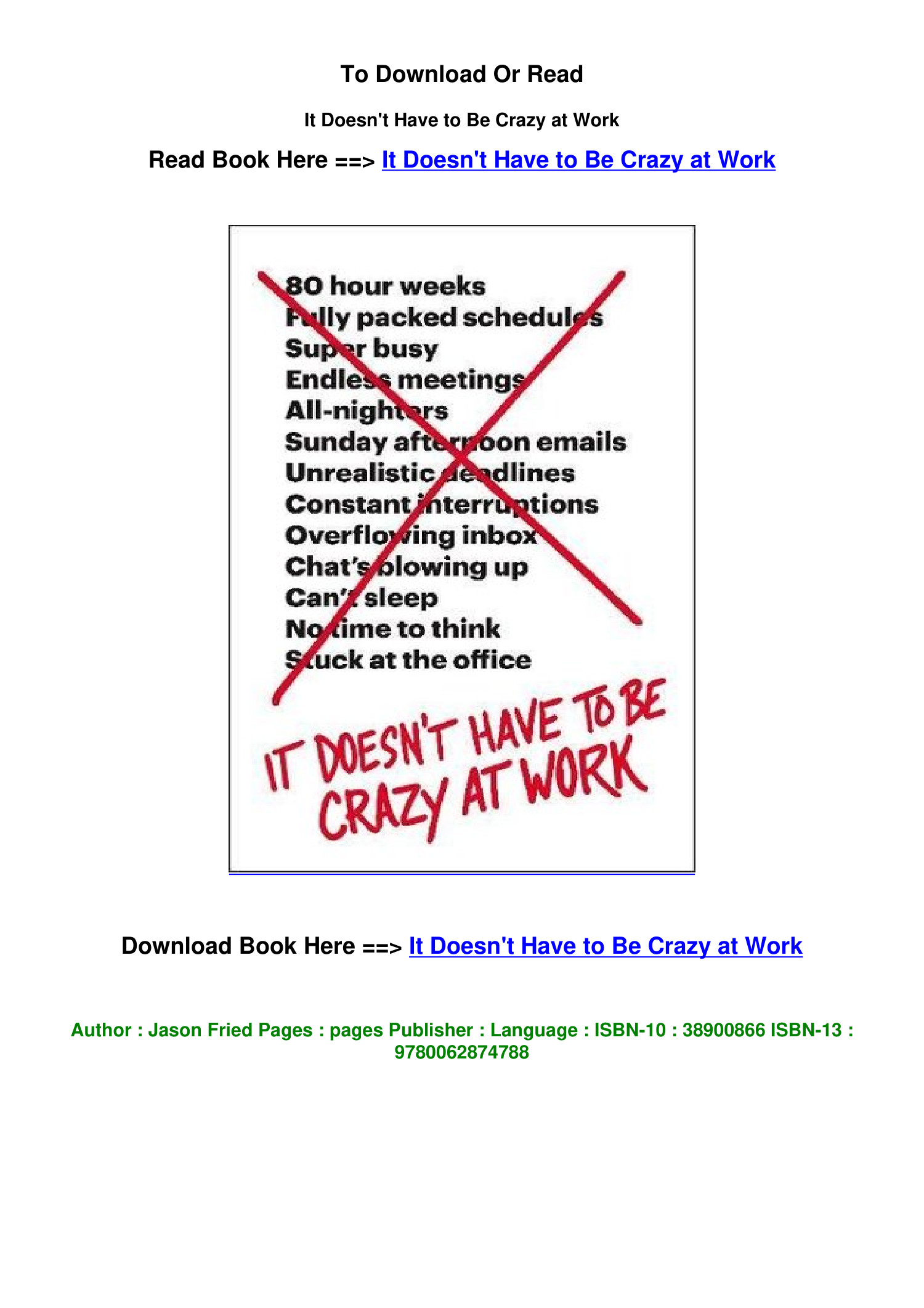 Download EPub It Doesn T Have To Be Crazy At Work BY Jason Fried.pdf ...