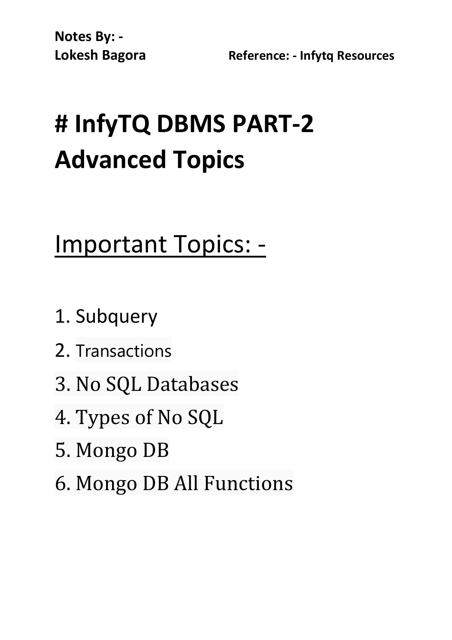 infytq dbms assignment answers