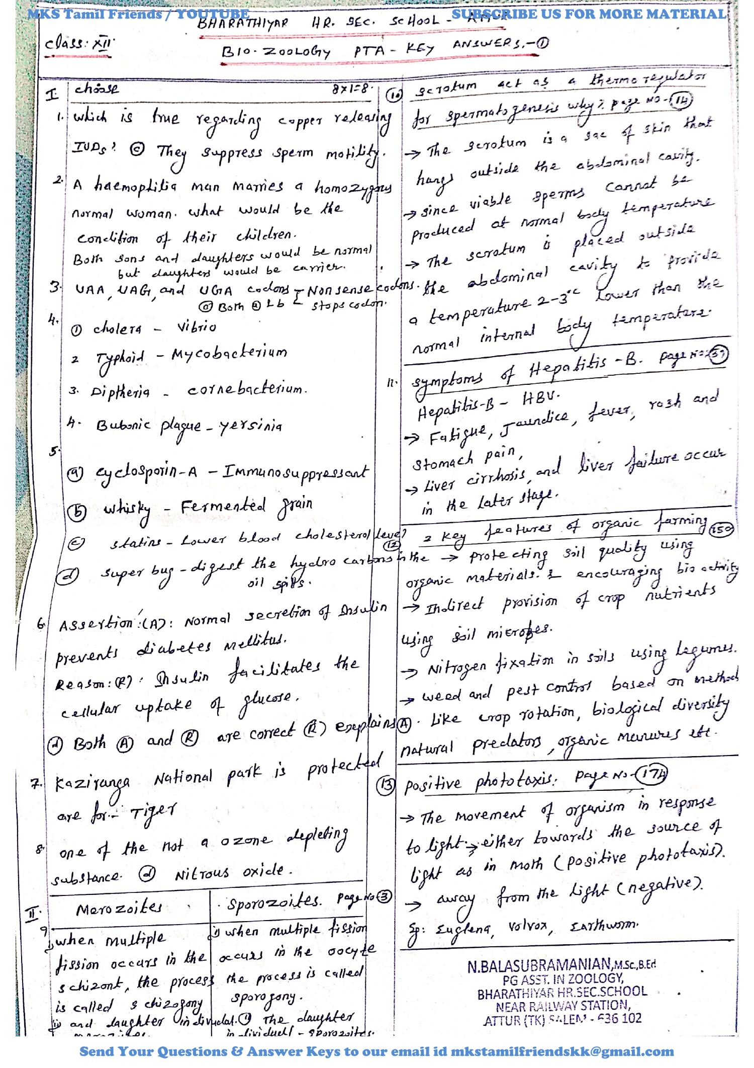 12th Biology Answer Keys For Pta Book Model Question Paper 1 6 English