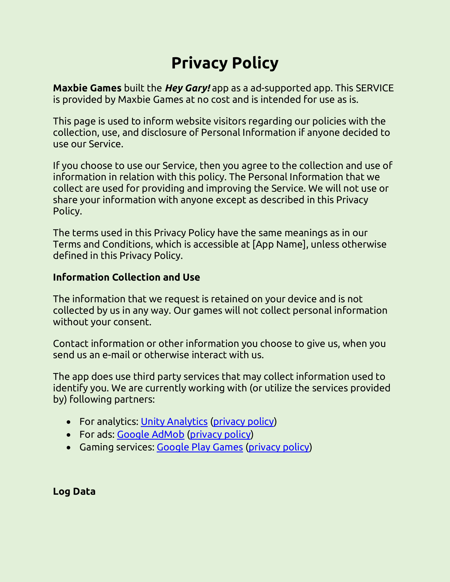 Privacy Policy Maxbie Games Hey Gary Pdf Docdroid