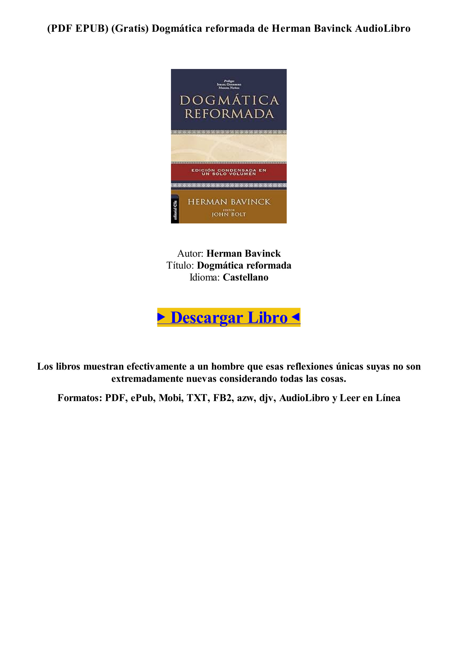 LIBRO [Descargar] Dogmática Reformada De Herman Bavinck {.mobi}.pdf ...