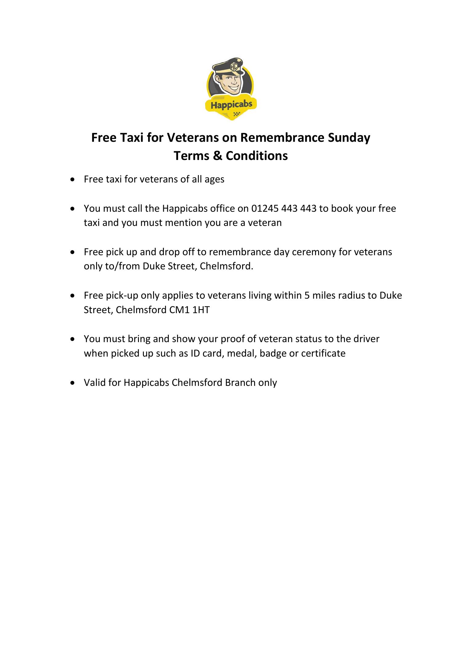 Terms &amp; Conditions - Free Taxi for Veterans on Remembrance Sunday 