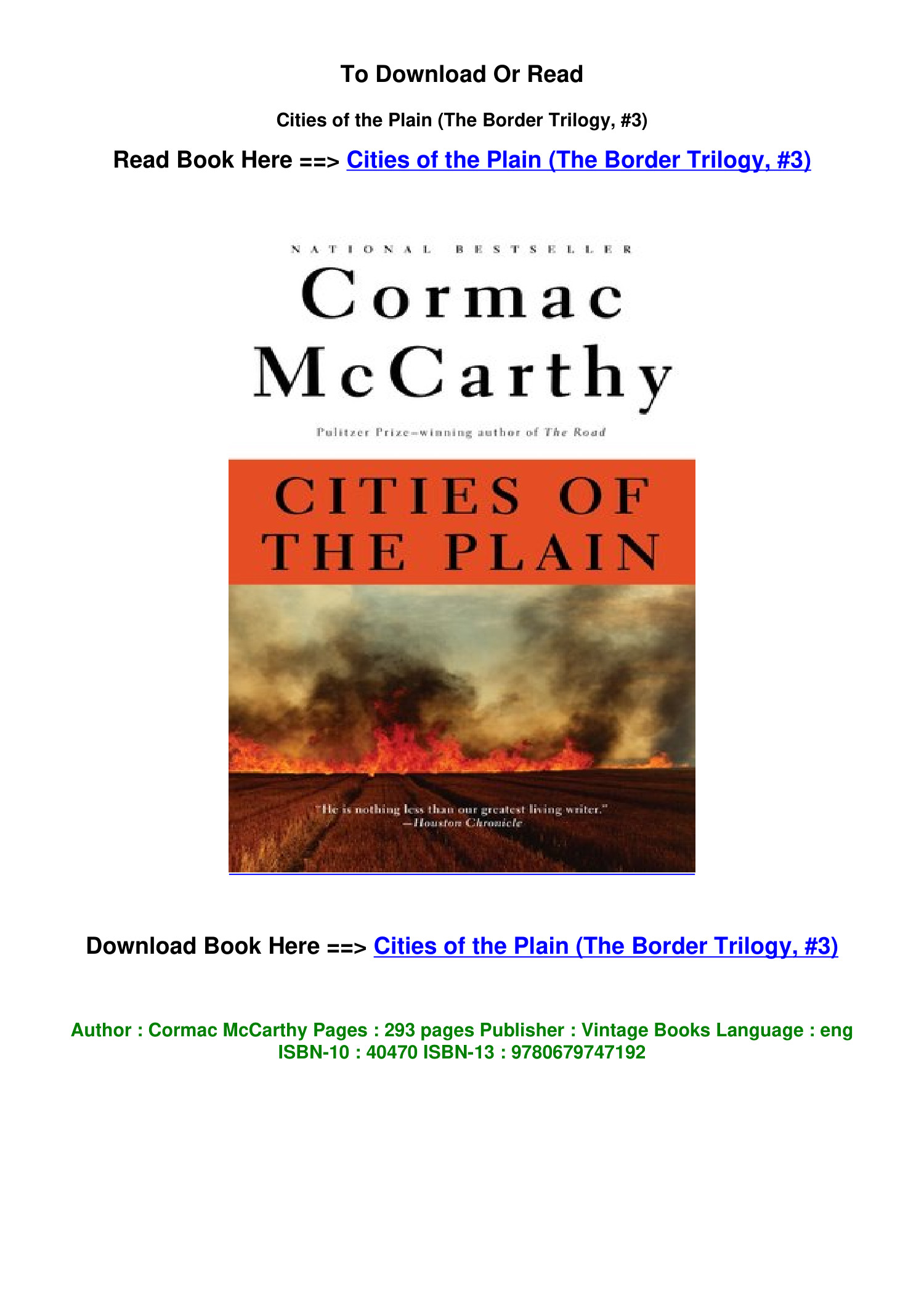 Pdf Download Cities Of The Plain The Border Trilogy 3 By Cormac   Pdf Download Cities Of The Plain The Border Trilogy 3 By Cormac Mccarthy Pdf 