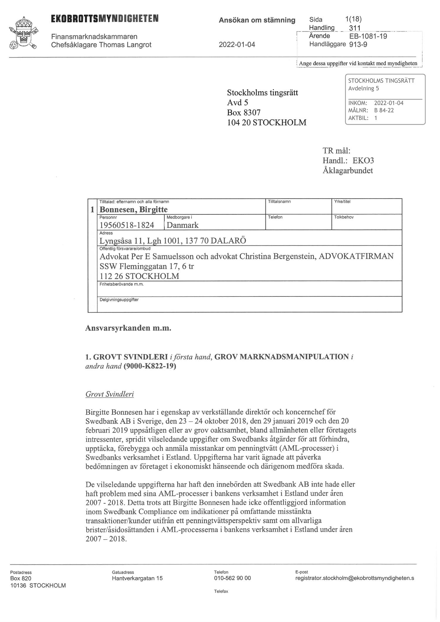 Stockholms TR B Aktbil STÄMNINGSANSÖKAN pdf DocDroid