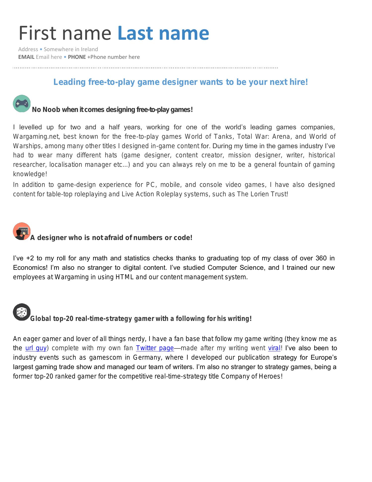 best cover letter for game developer