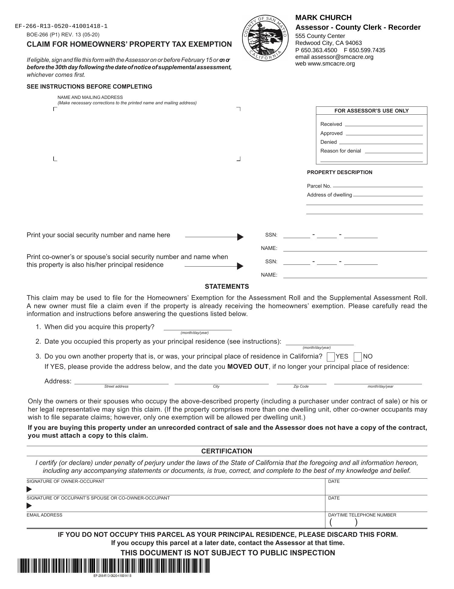 Sanmateo County Form Boe 266 For 2022pdf Docdroid 9118