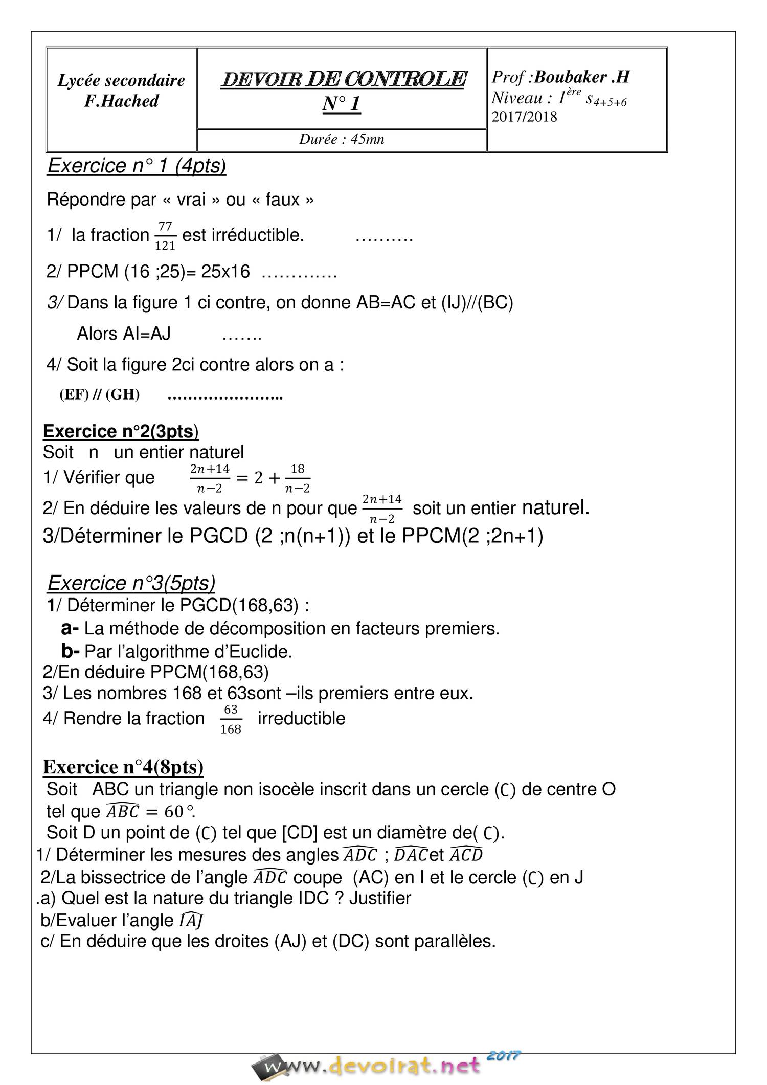 Devoir De Contrôle N°1 - Math - 1ère AS (2017-2018) Mr Boubaker Hassen ...