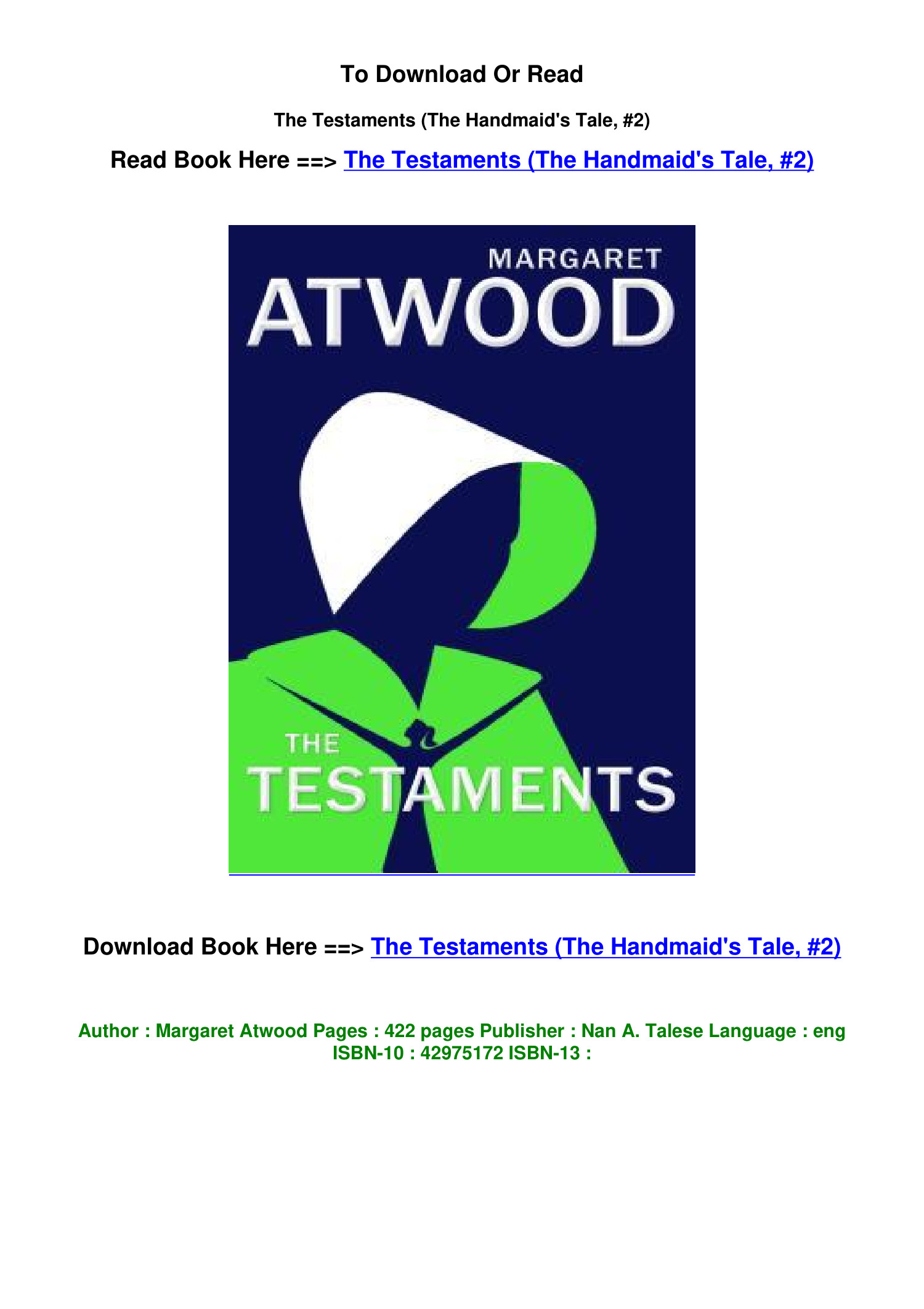 Download epub The Testaments The Handmaid s Tale 2 BY Margaret Atwood ...