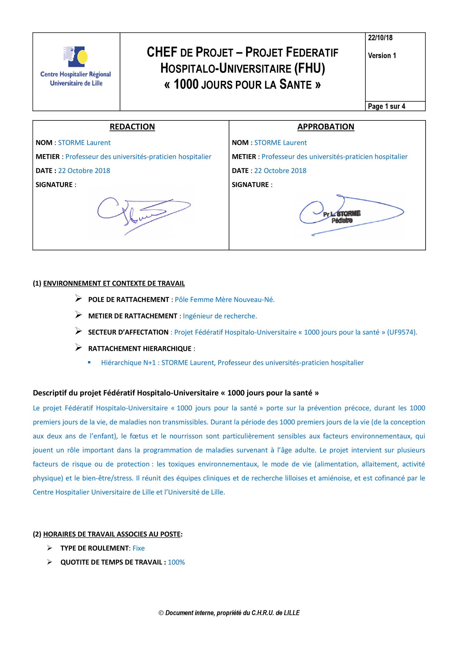 Fiche de poste pour chef de projet 1000 jours pour la santé Octobre