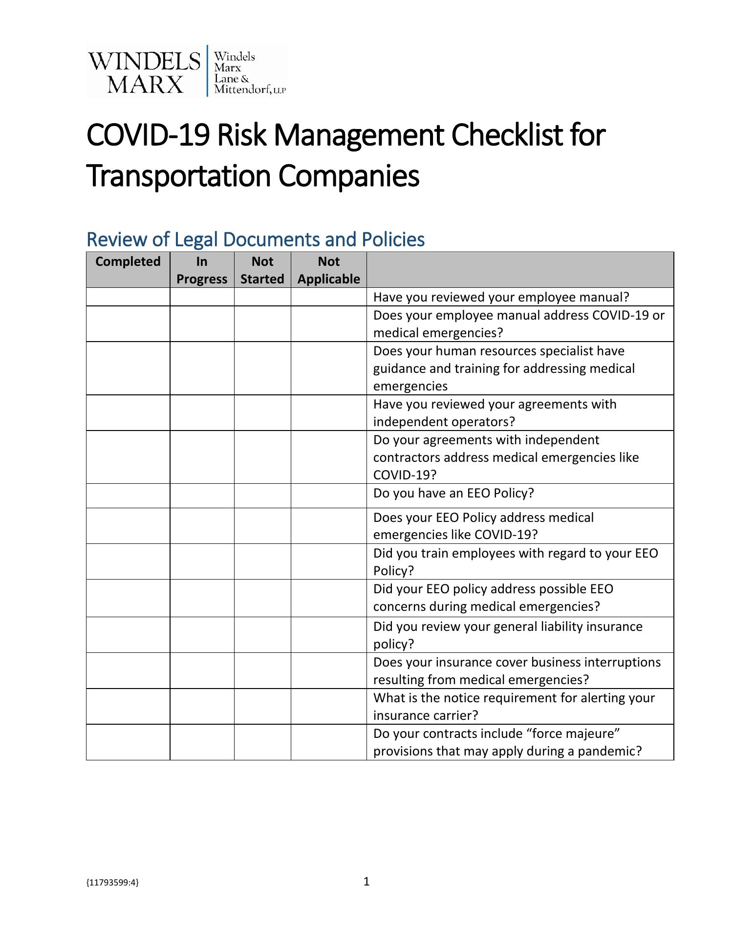 COVID-19 Risk Management Checklist for Transportation ...