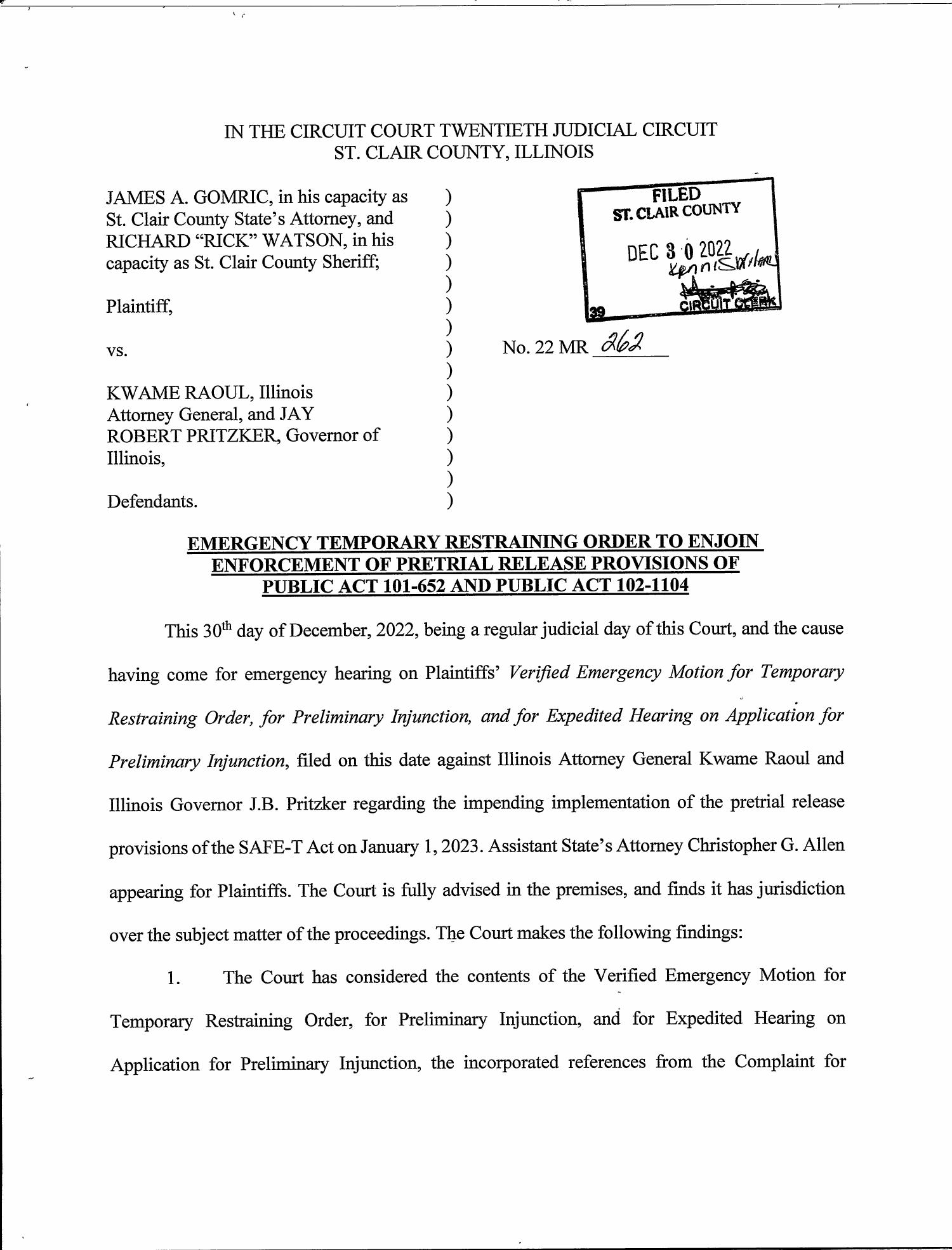 Order Emergency Motion For Temporary Restraining Order For Preliminary ...