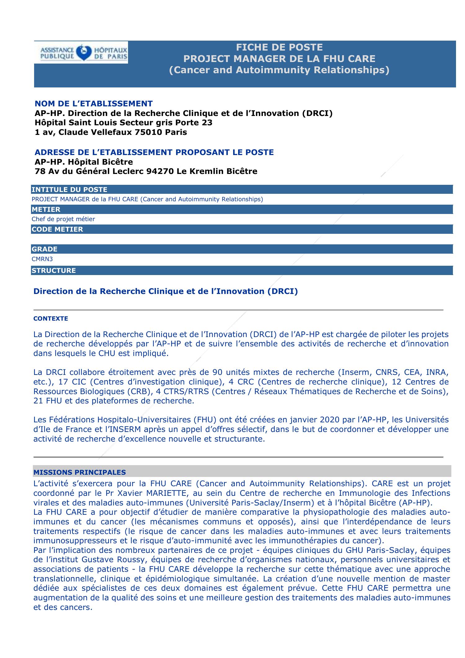 Fiche de poste_Project Manager FHU CARE.pdf | DocDroid