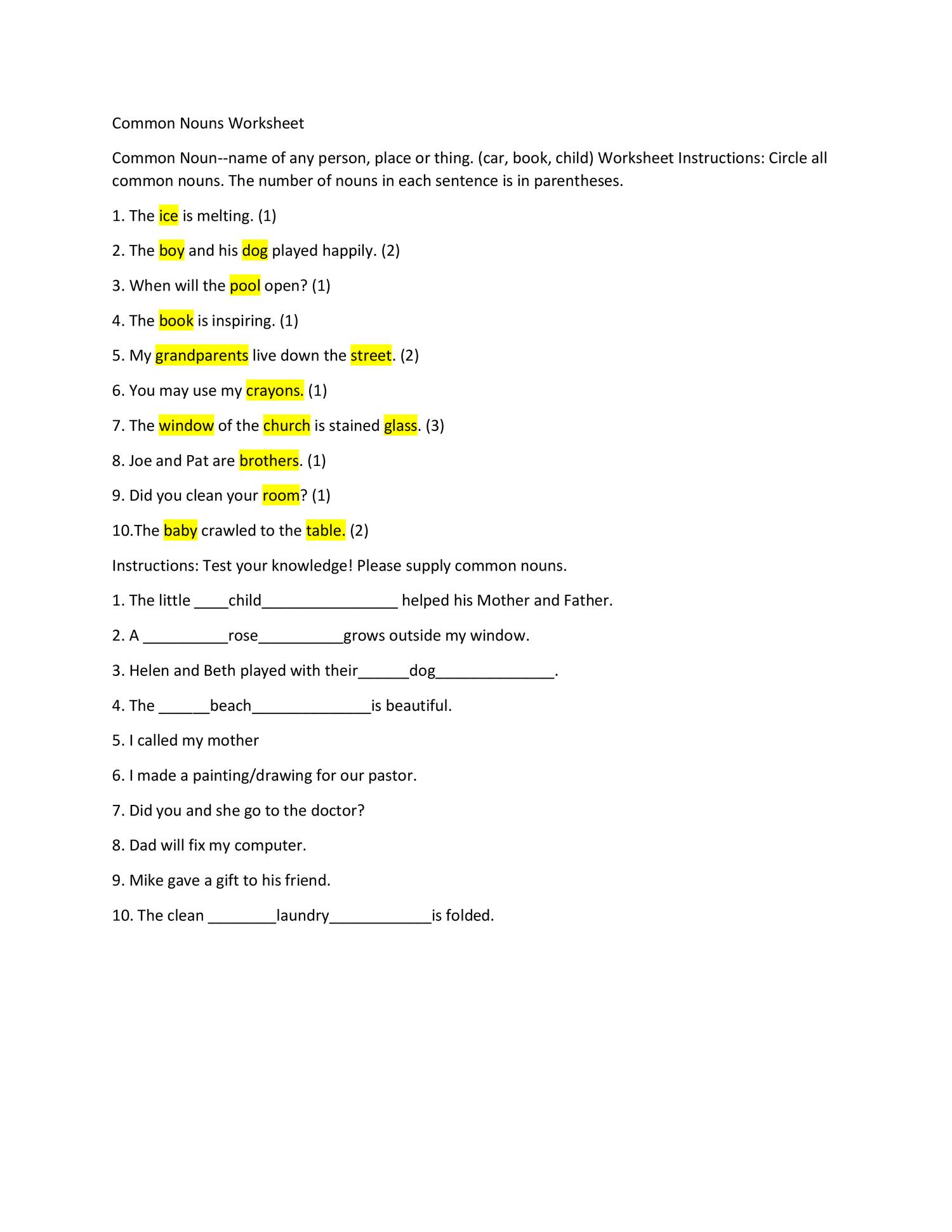 common nouns worksheet answers docx docdroid