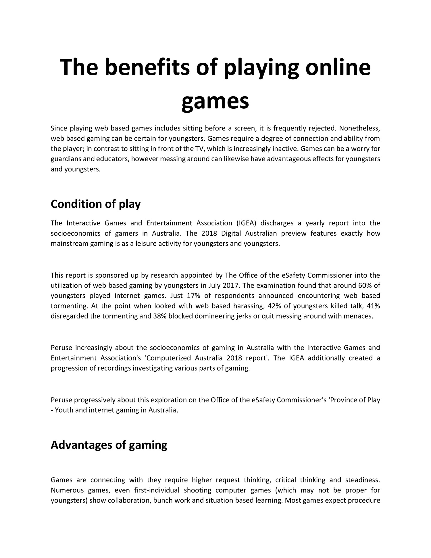 An Opinion on the Benefits of Online Games