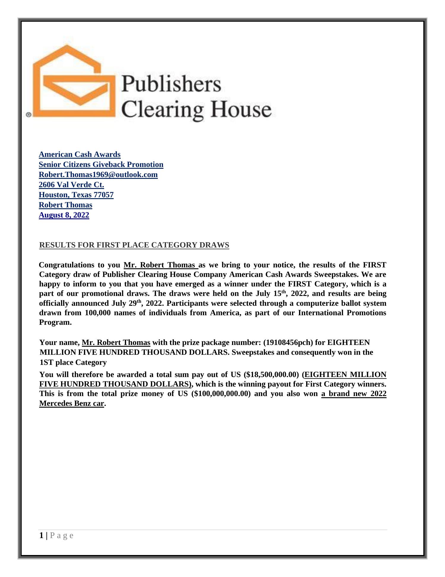 Mr. Robert Thomas's Notification Letter From The Publishers Clearing