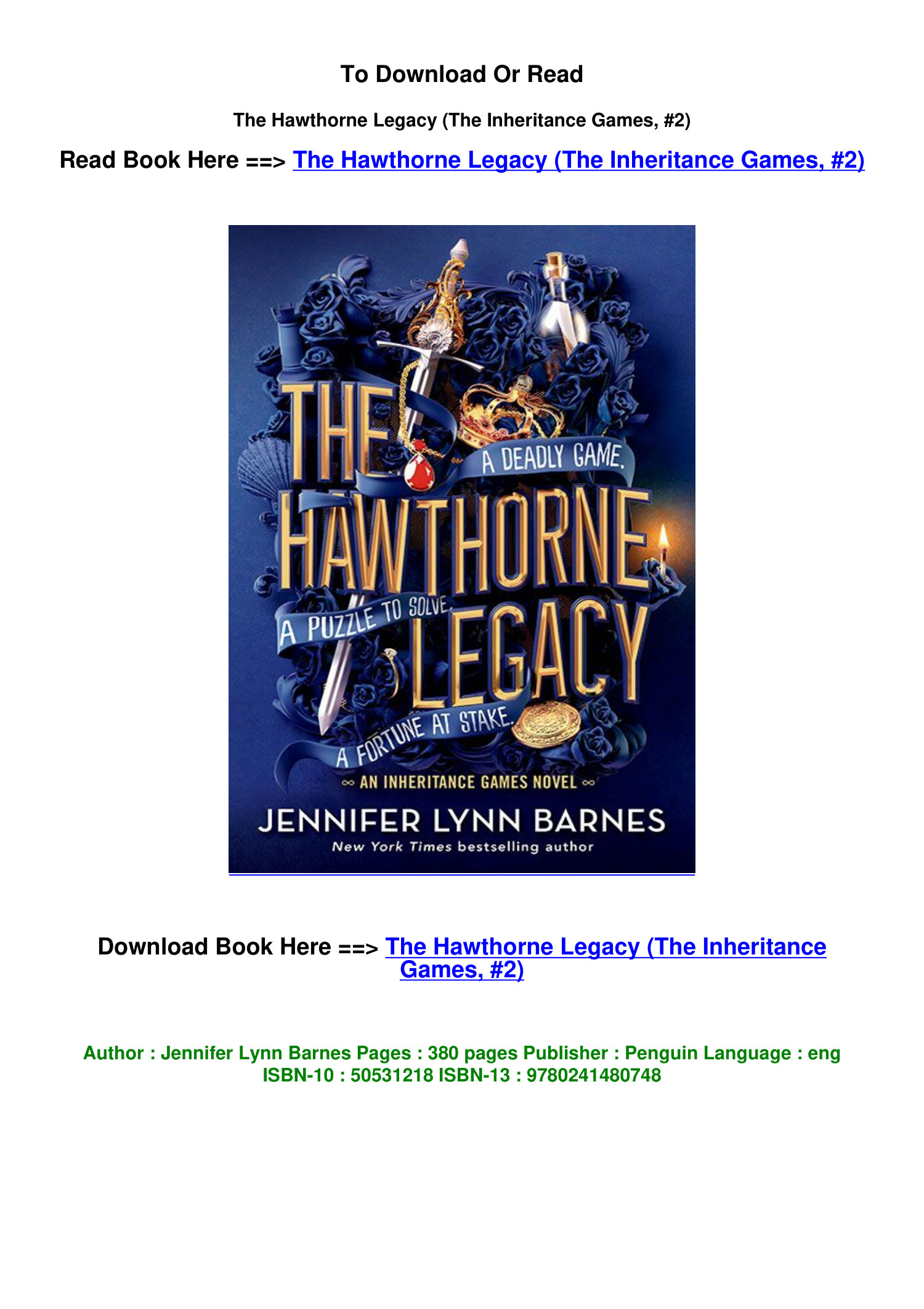 DOWNLOAD PDF The Hawthorne Legacy The Inheritance Games 2 BY Jennifer ...