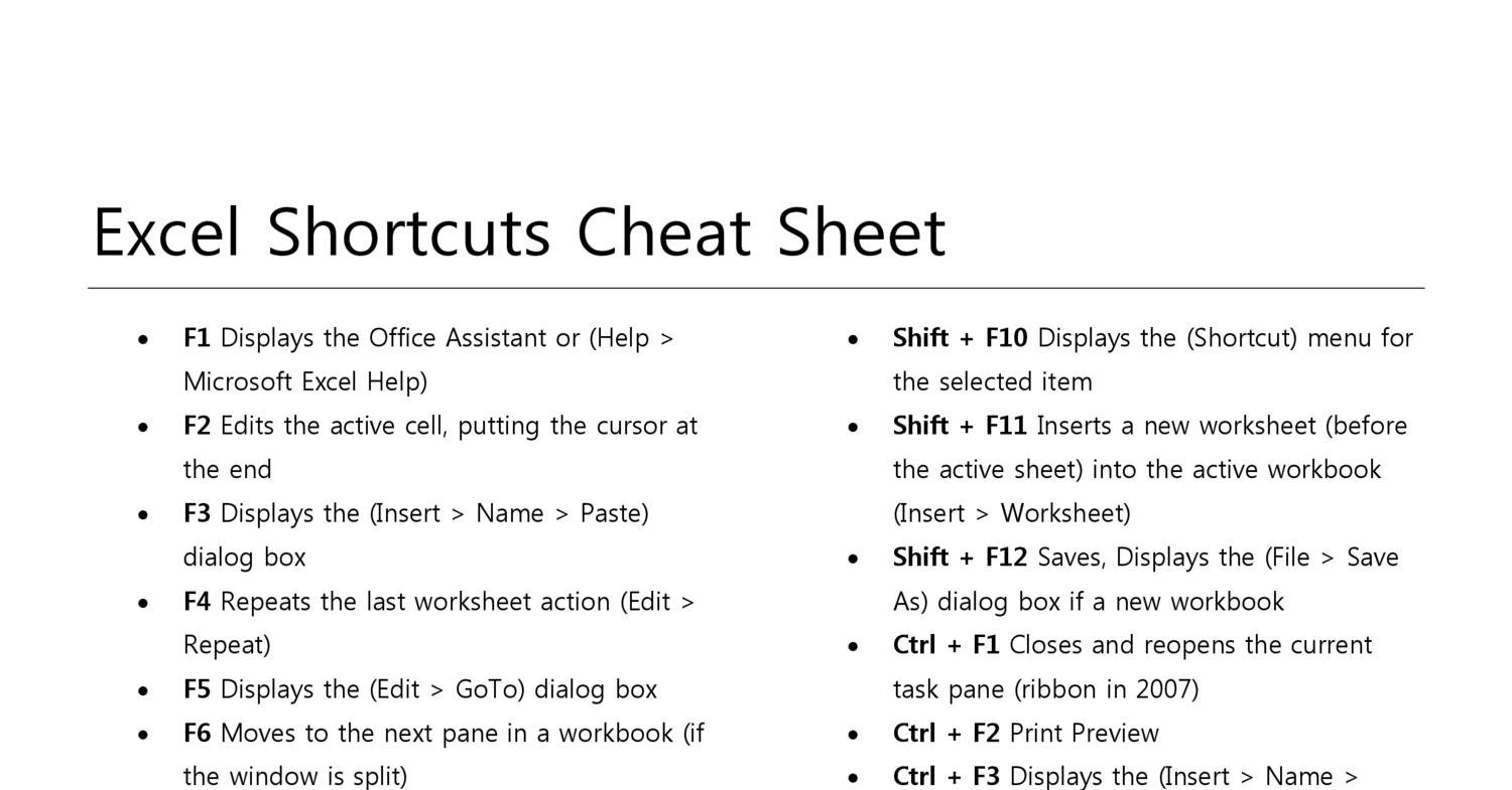 Excel Free Cheat Sheet Printable