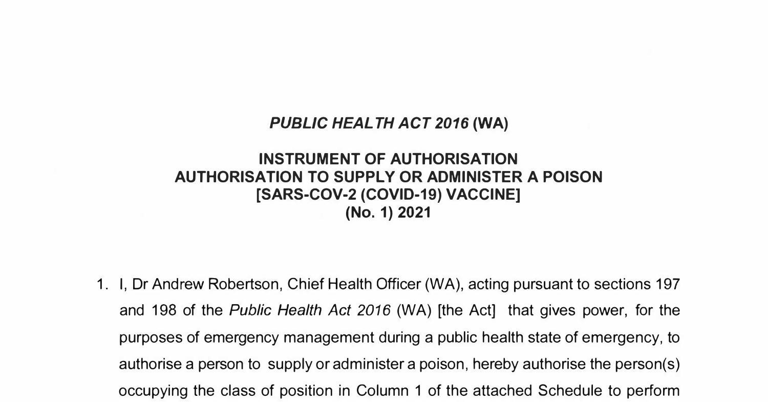 Public Health Act 2016 (WA) Instrument of Authorisation