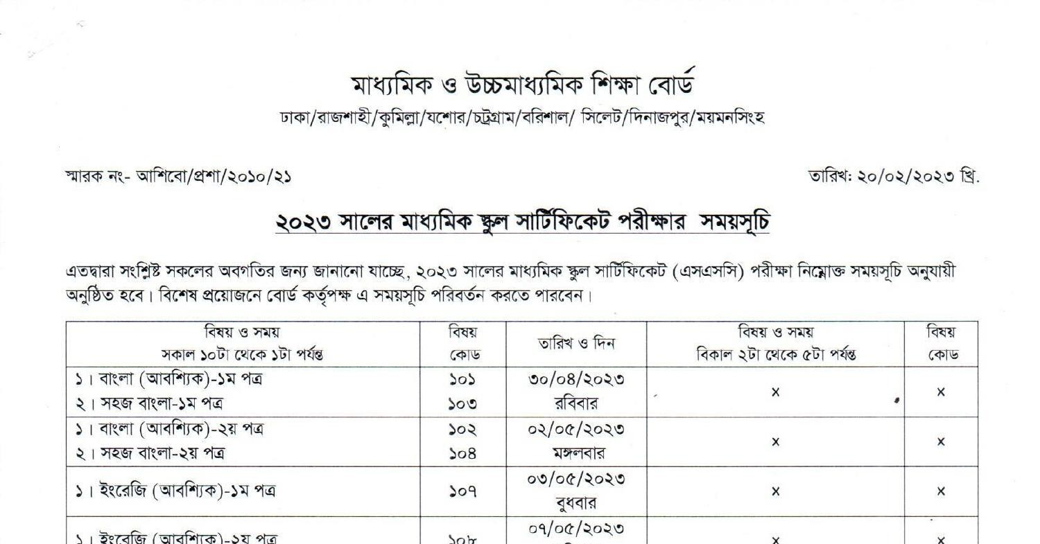 dhaka board ssc test exam routine 2023