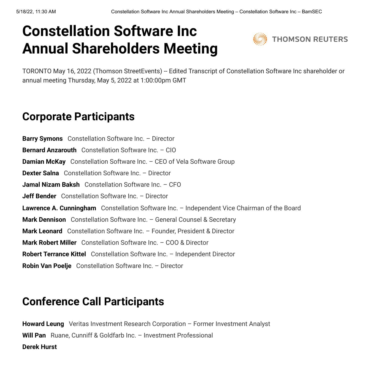 Constellation Software Inc Annual Shareholders Meeting Constellation