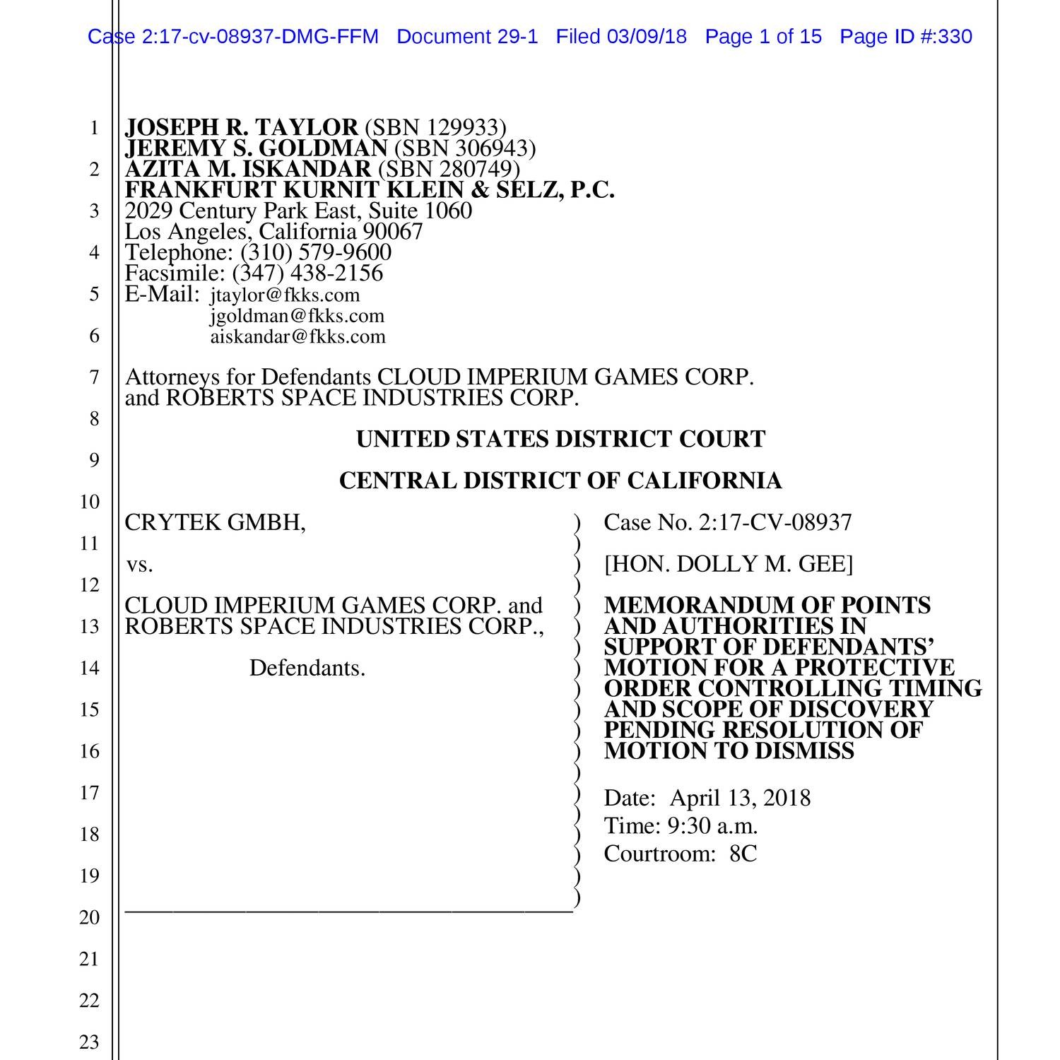 Att1 Memorandum OF POINTS AND AUTHORITIES IN SUPPORT OF MOTION FOR