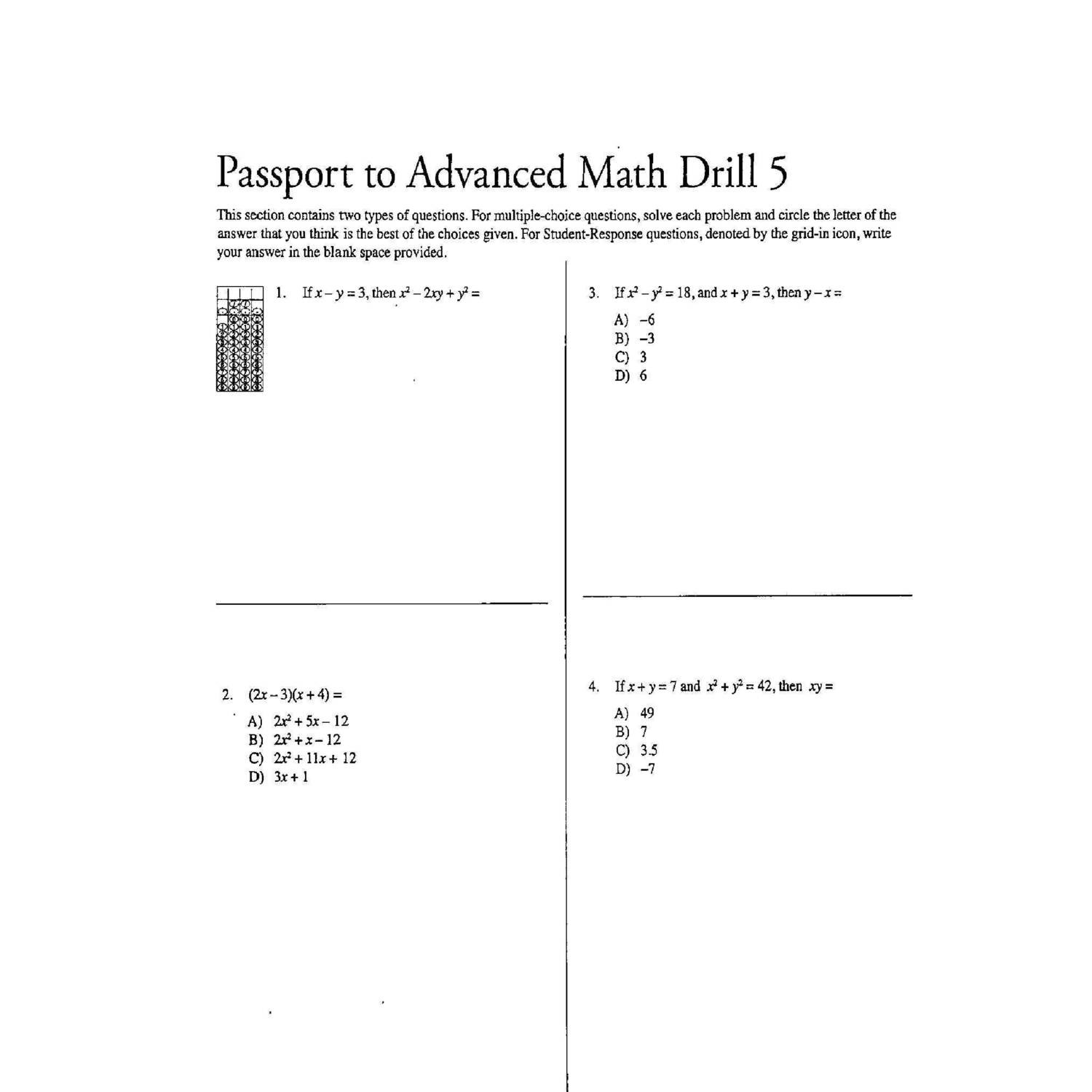 pre sat math practice test pdf