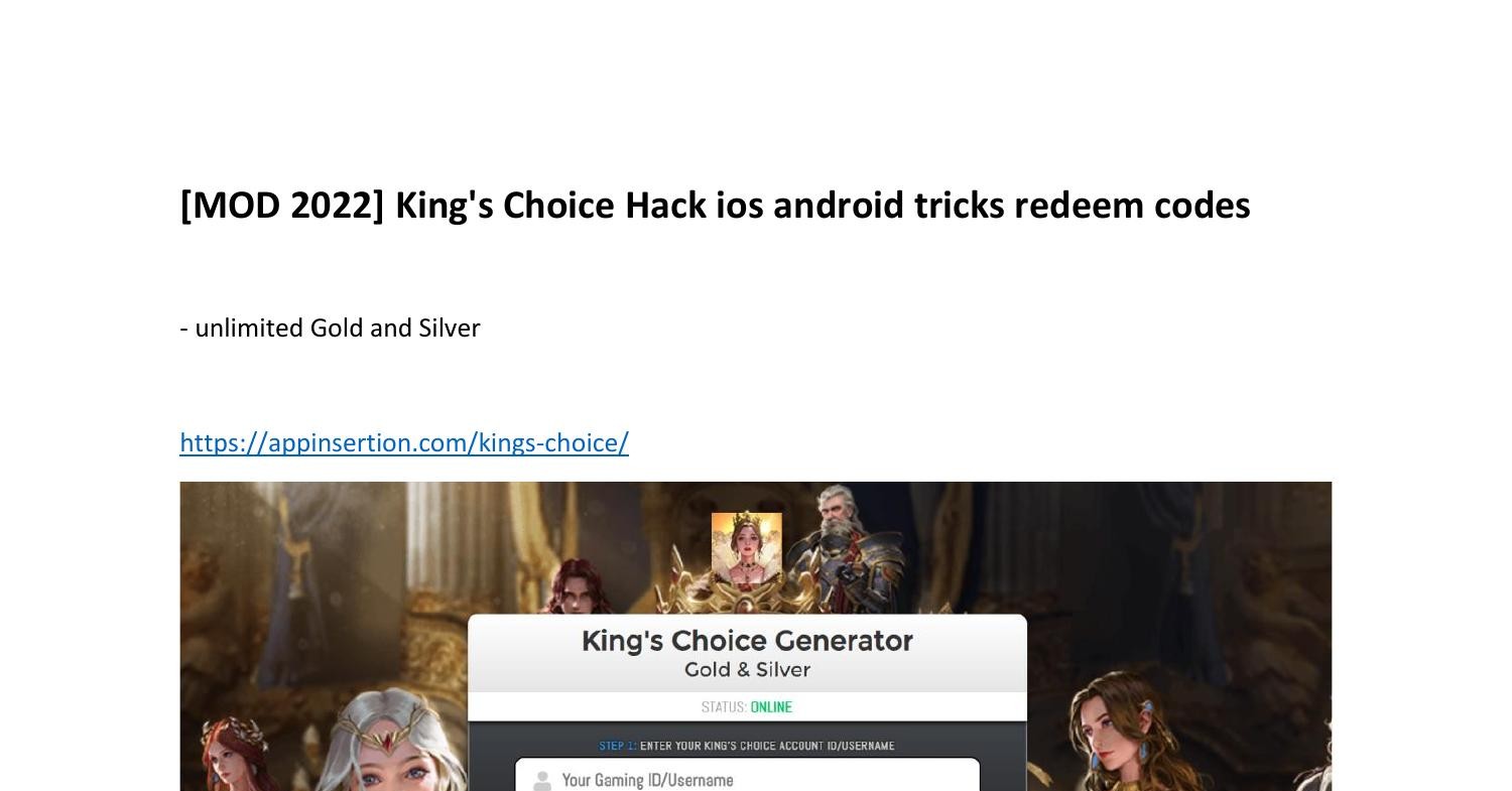 [MOD 2022] King's Choice Hack ios android tricks redeem codes.pdf