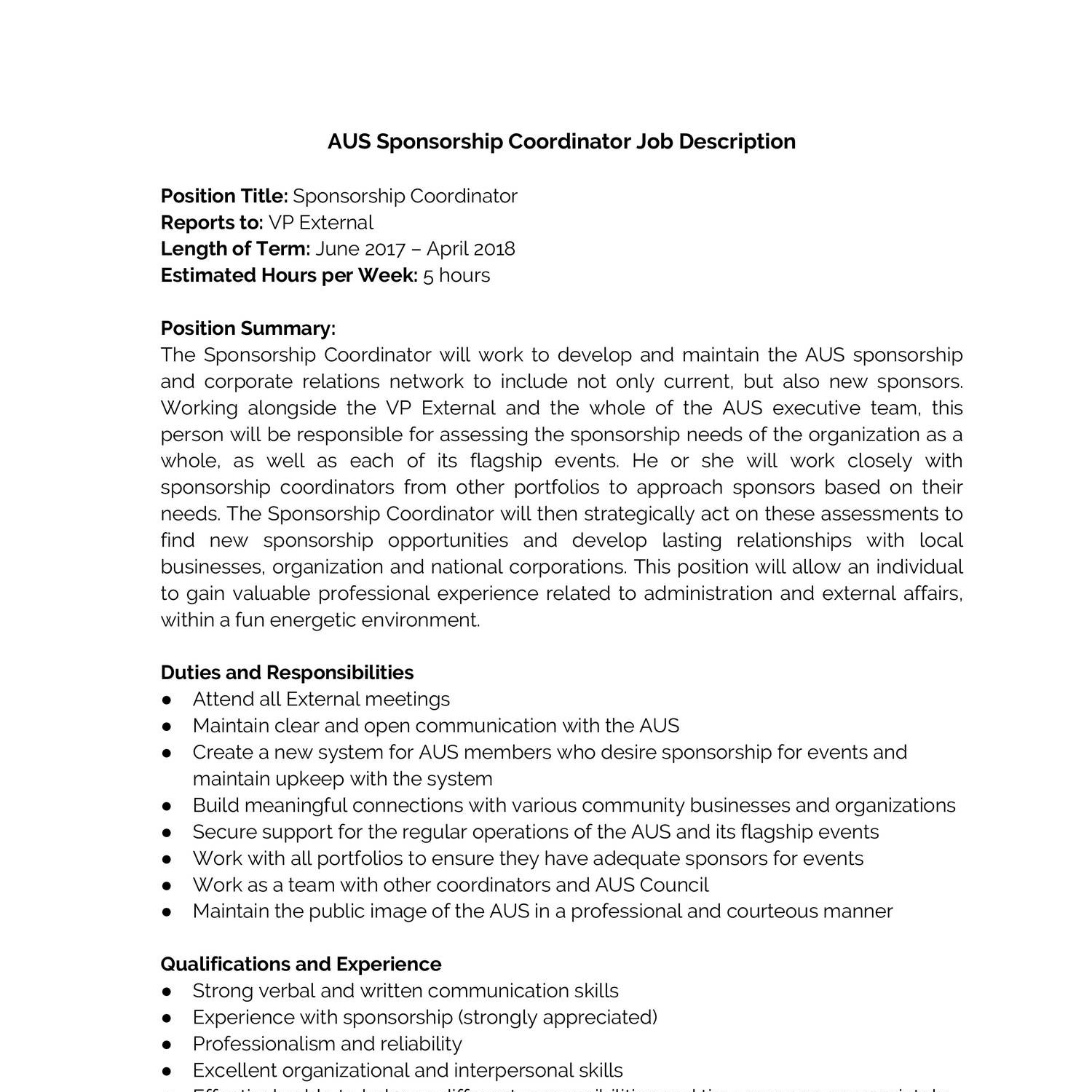 Aus Sponsorship Coordinator Job Description Docx Docdroid