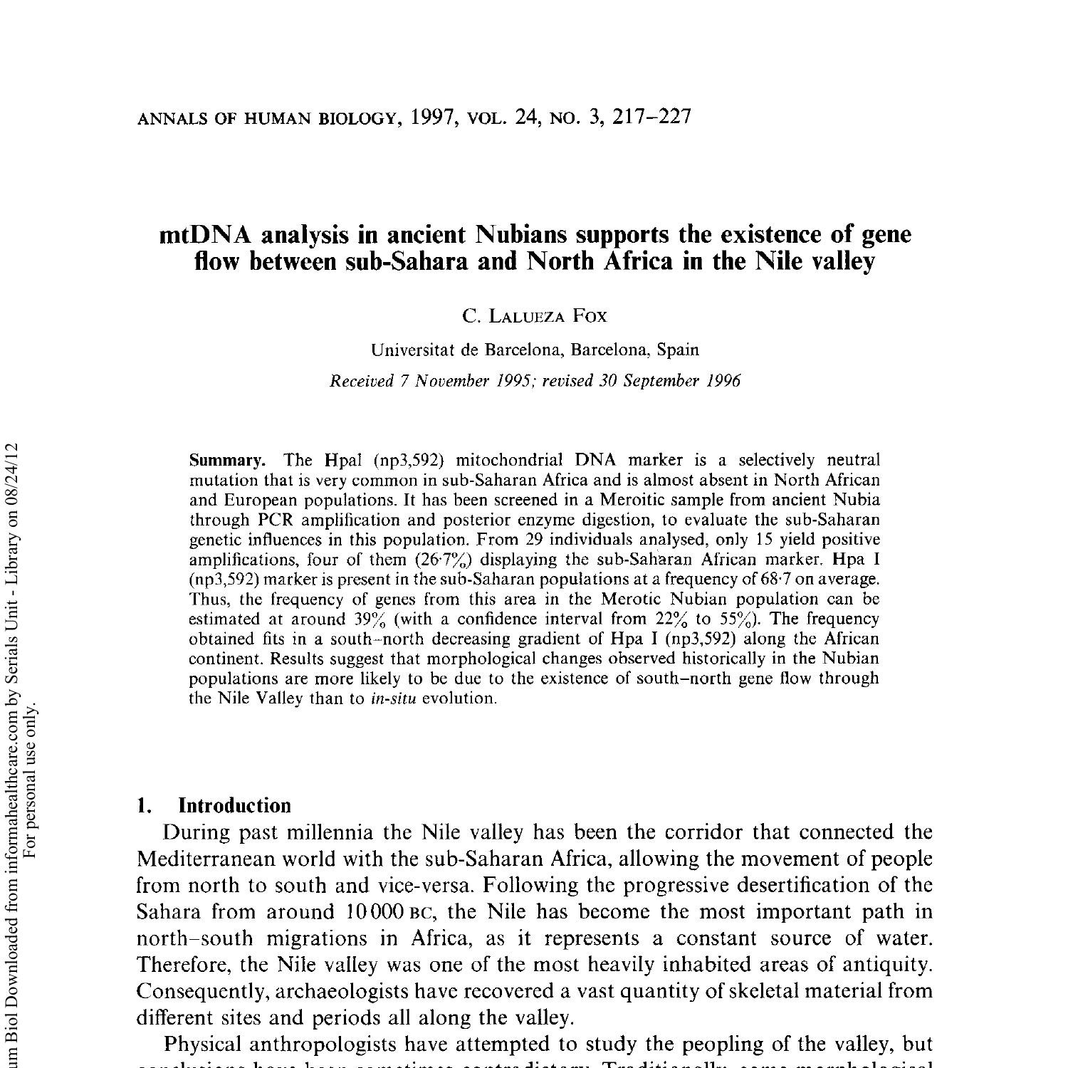 mtDNA analysis in ancient Nubians supports the existence of gene flow 