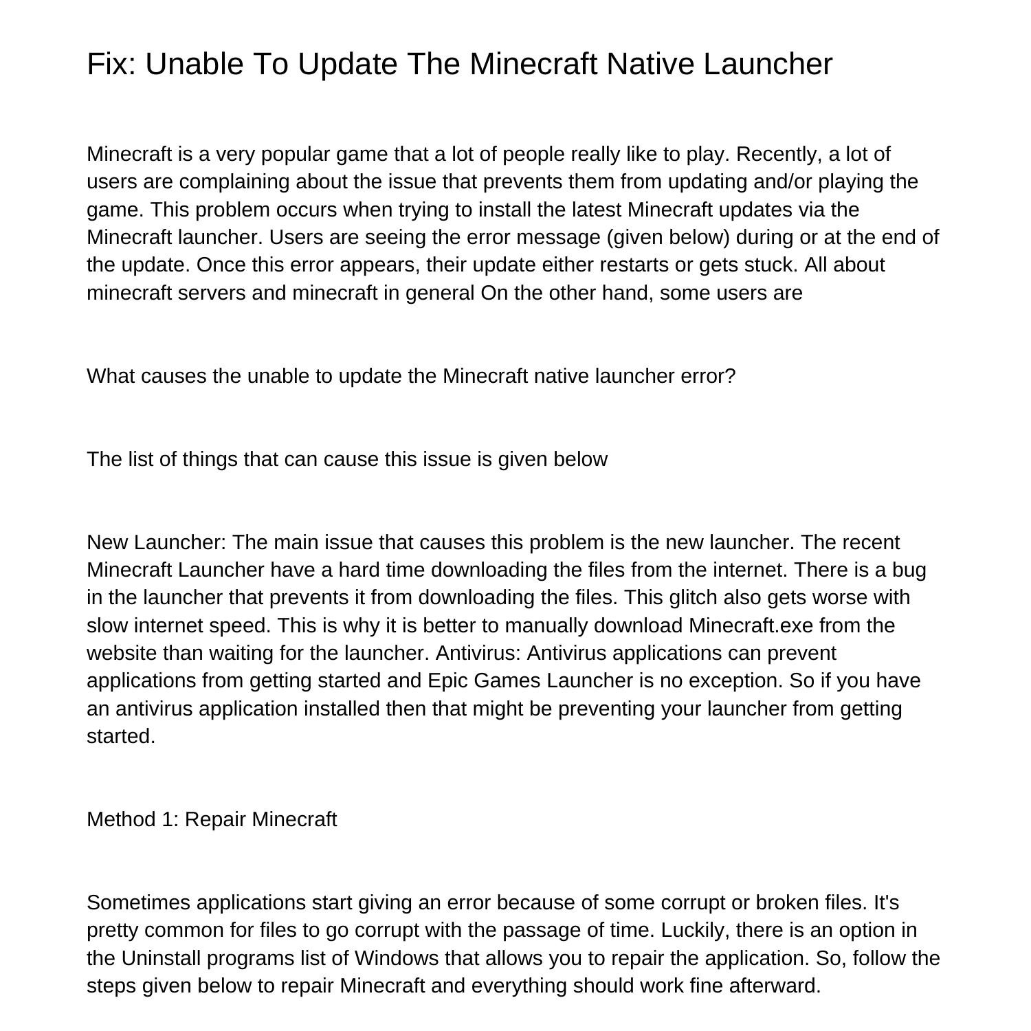 minecraft unable to update from native launcher