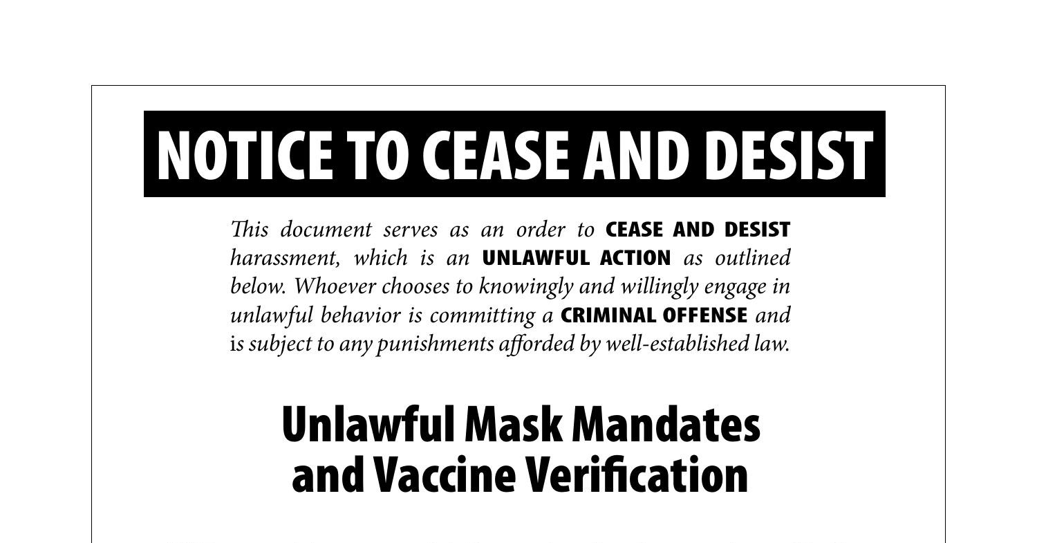 Unlawful Mask Mandates & Vaccine Verification (Notice to Cease and