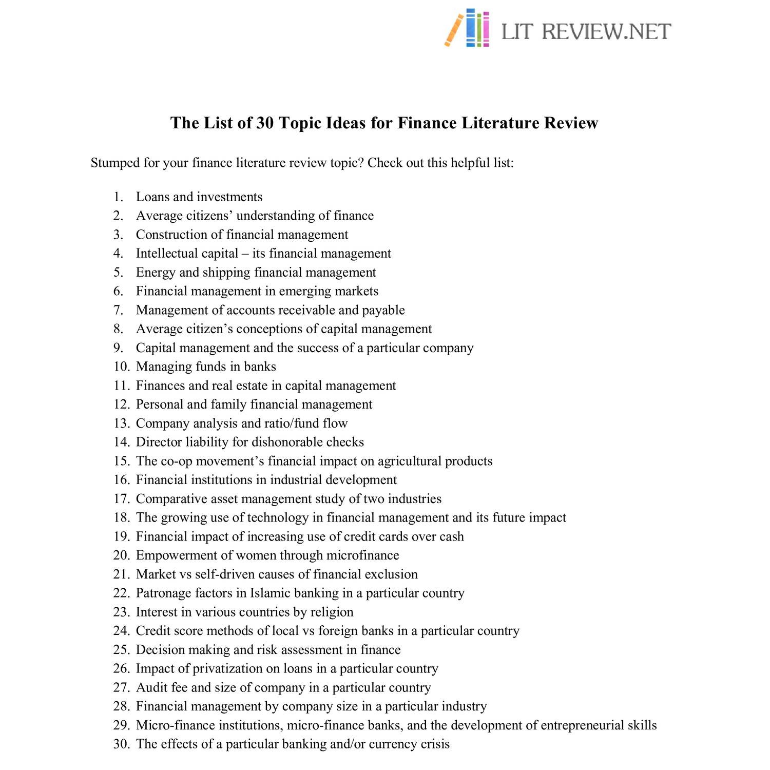 literature review topics in finance