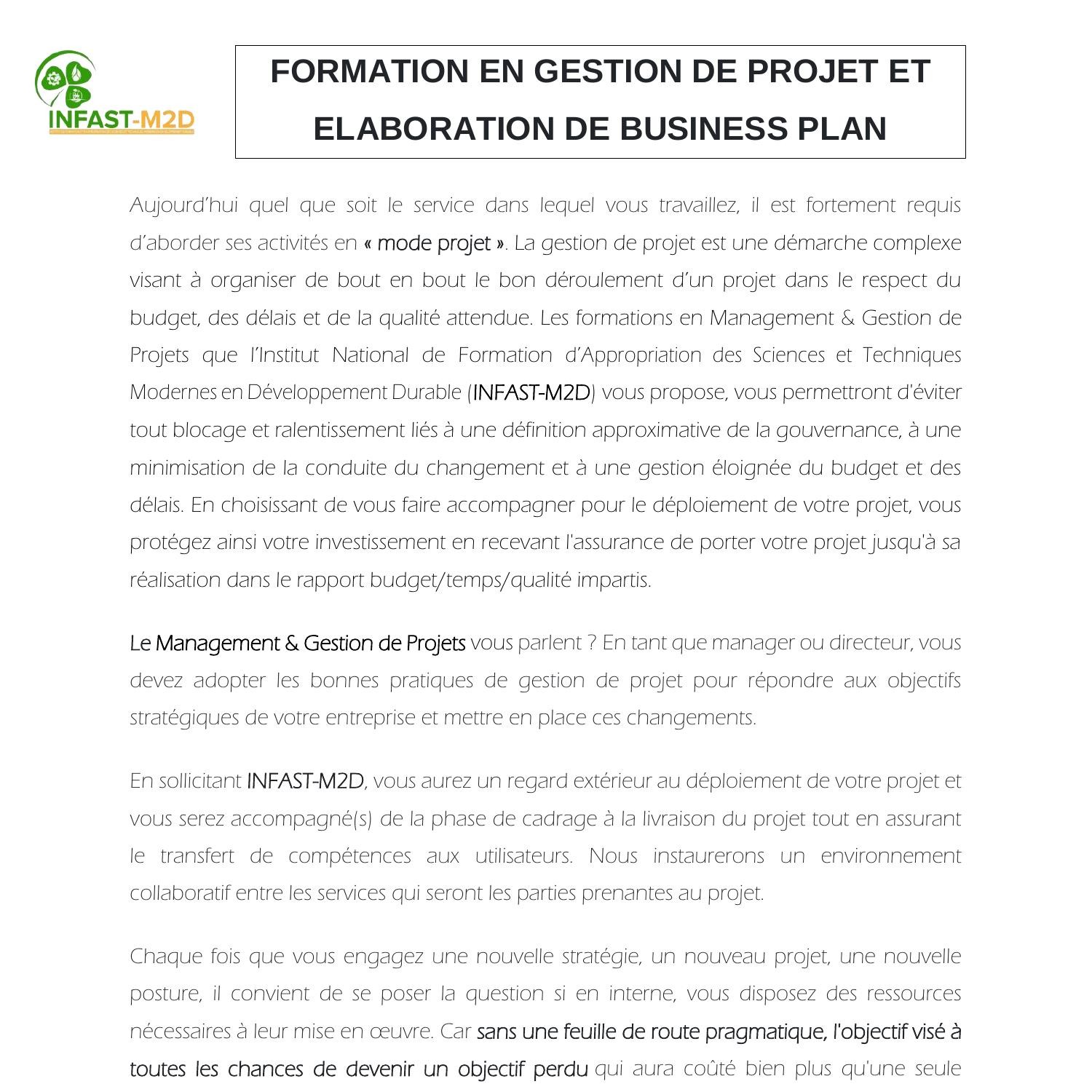 Formation En Gestion De Projet Et Elaboration De Business Plan Avril