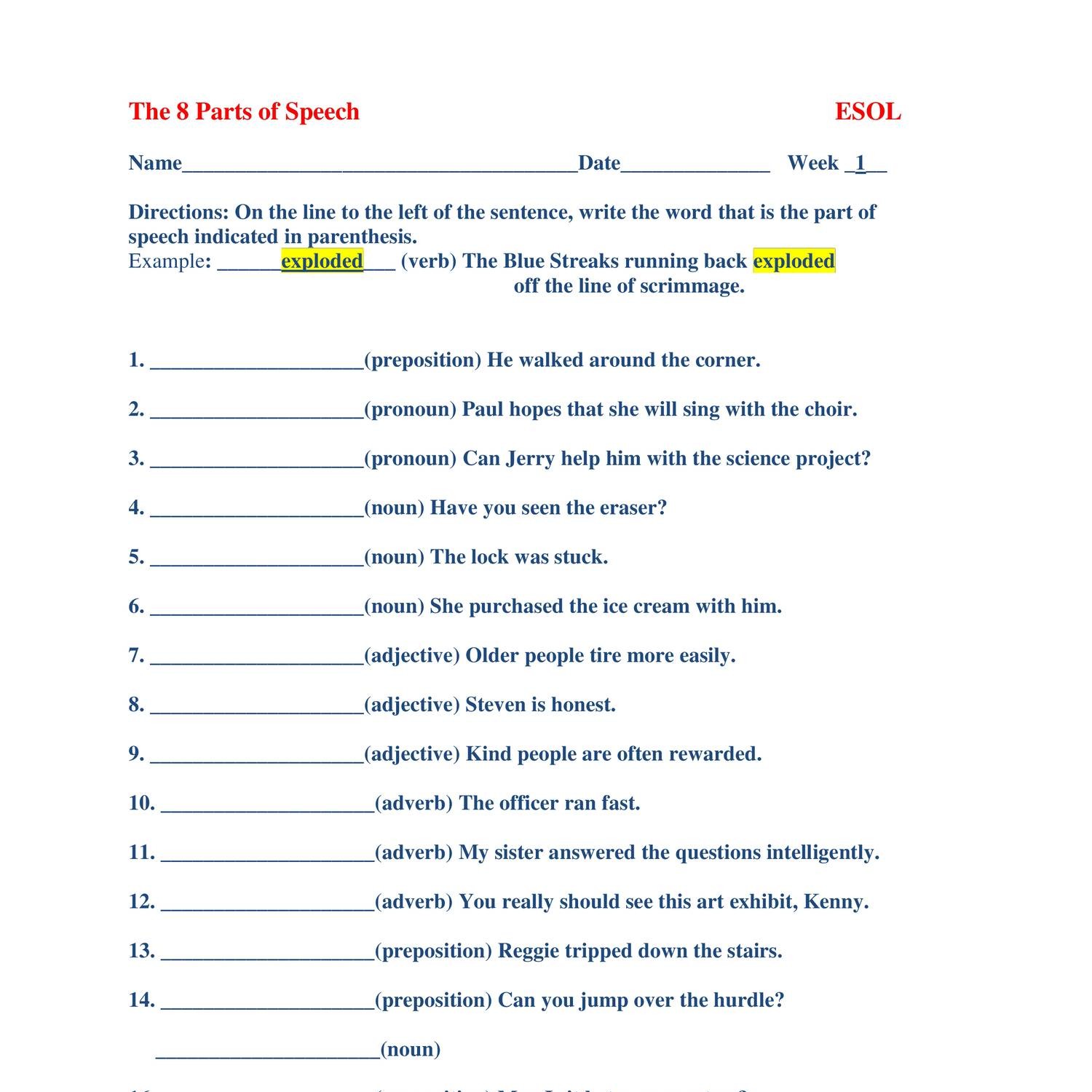 Different Parts Of Speech Worksheet