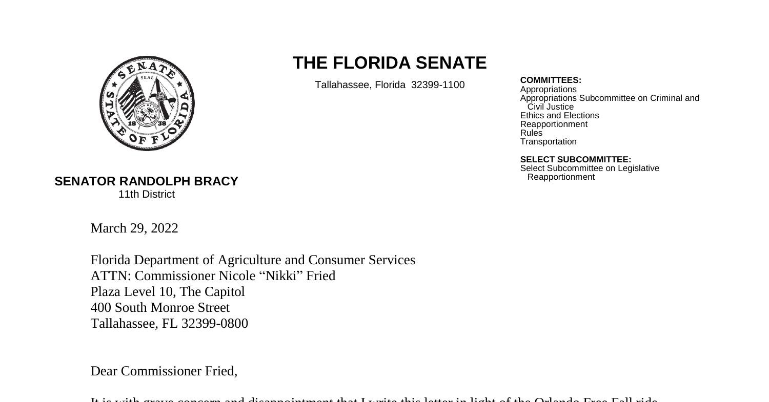 Senator Bracy Letter To The Fl Department Of Agriculture Re Icon Park Tragedy 3292022 Pdf 
