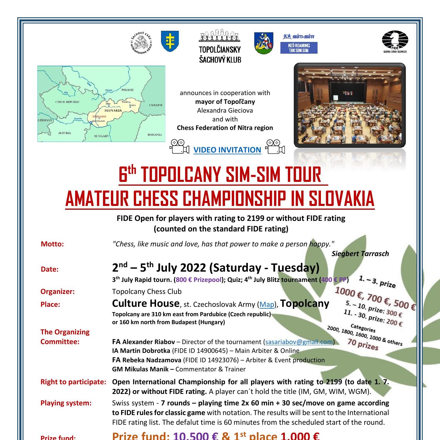 6th TOPOLCANY SIM-SIM TOUR - SLOVAK AMATEUR CHAMPIONSHIP (max 2199 FIDE) -  10.500 € Prizepool