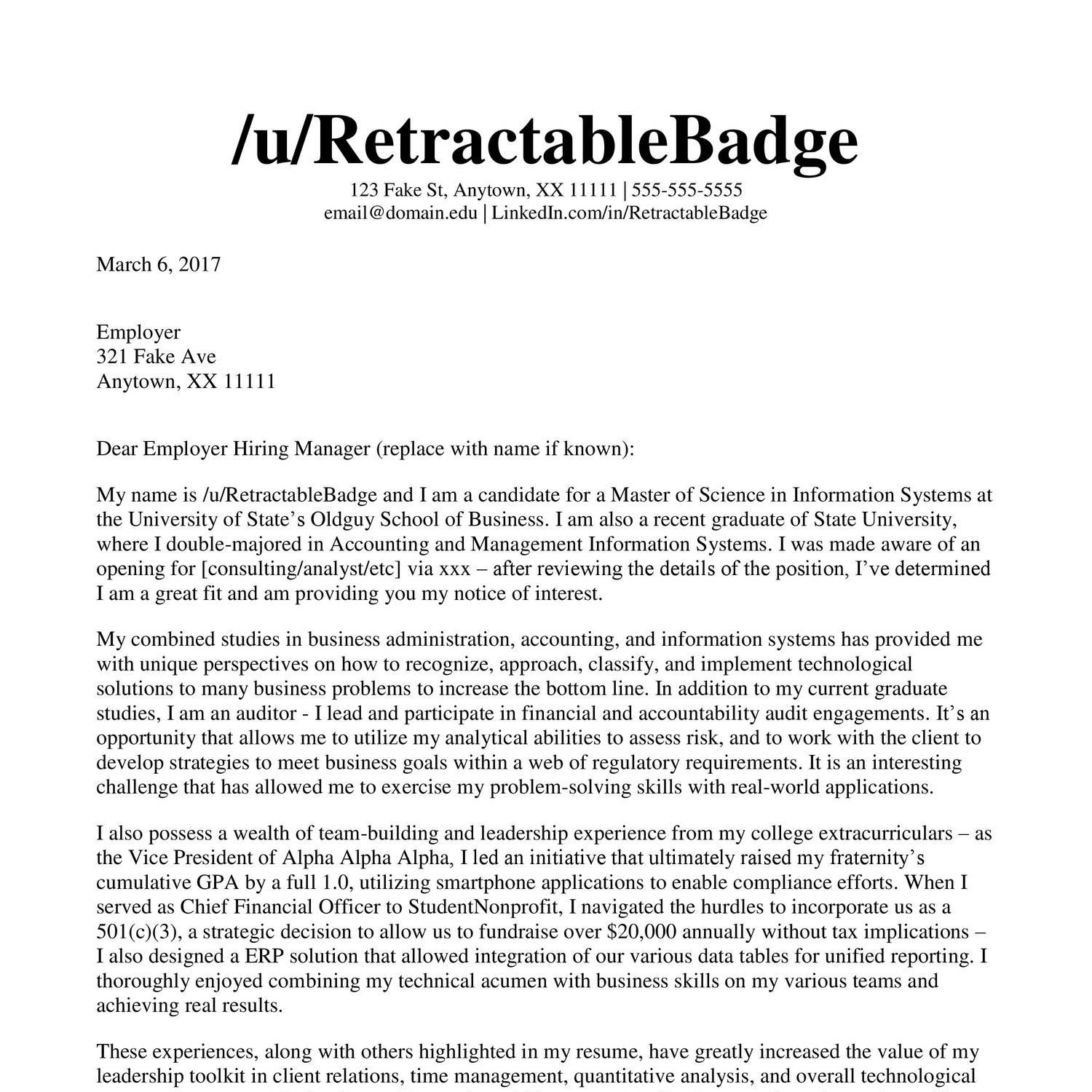 Cover Letter For Resume Reddit