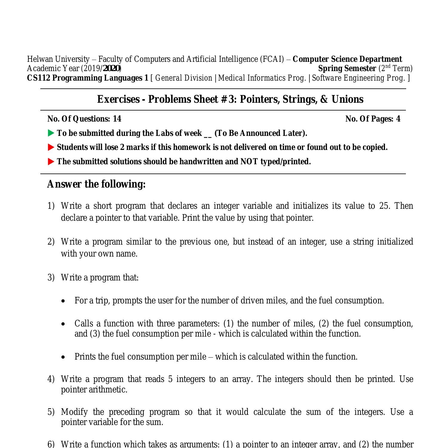 CS112 - Exercises (Problems Sheet 3) - Spring 2020.pdf | DocDroid