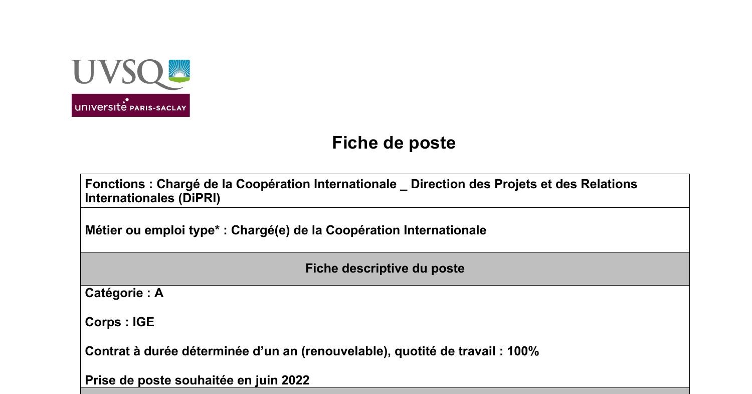 Fiche De Poste Charg De Coop Ration Internationale Uvsq Pdf Docdroid