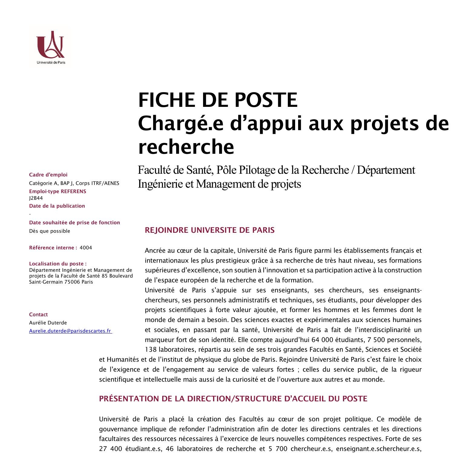 Fichedeposte Charge Des Projets En Sante Pdf Docdroid