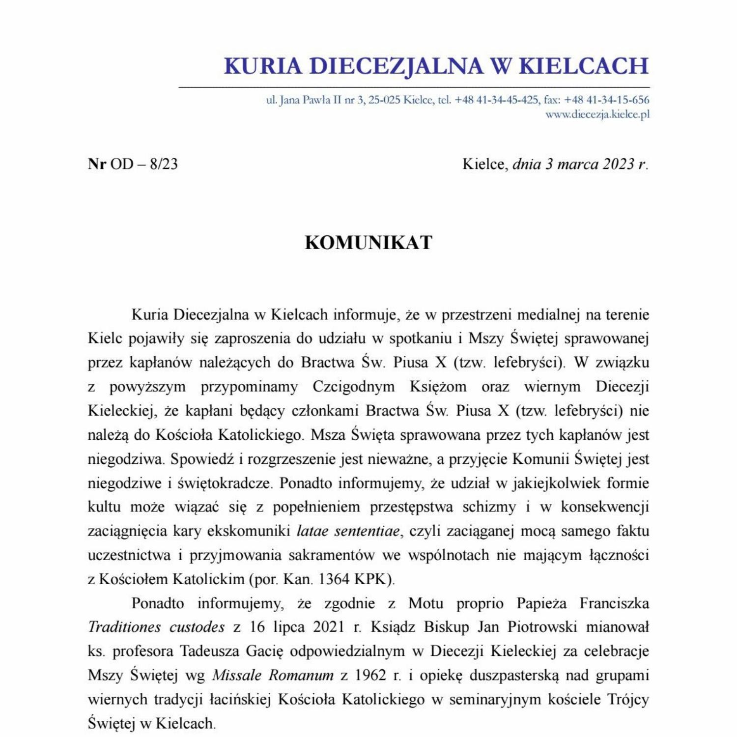 Komunikaty Kurii Kieleckiej Na Temat Bractwa Piusa X Pdf Docdroid