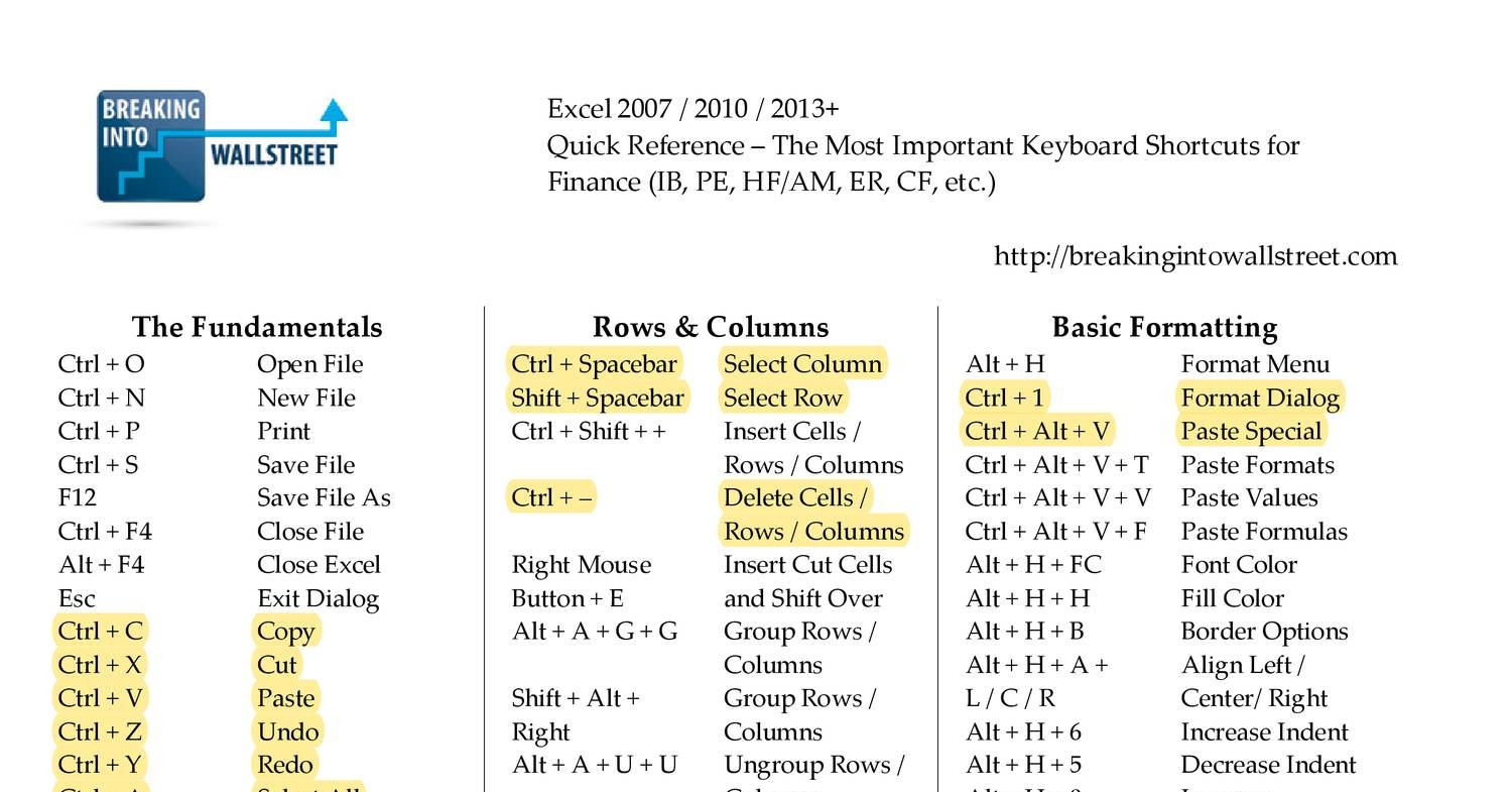 excel shortcut keys pdf 2007