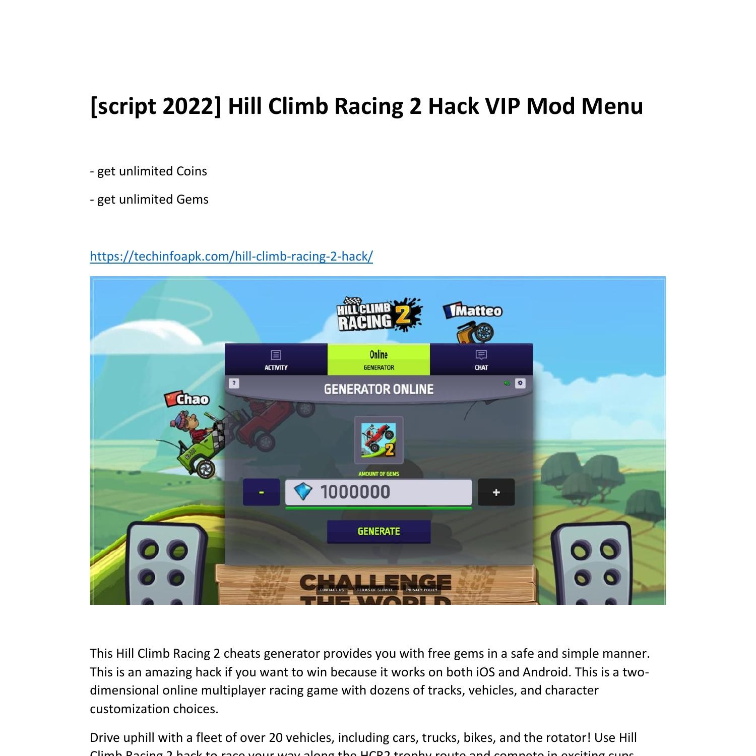 Hill Climb Racing 2 [Chestbox/Coins/Gems] hack script by MonkeyGuy001 - LUA  scripts - GameGuardian