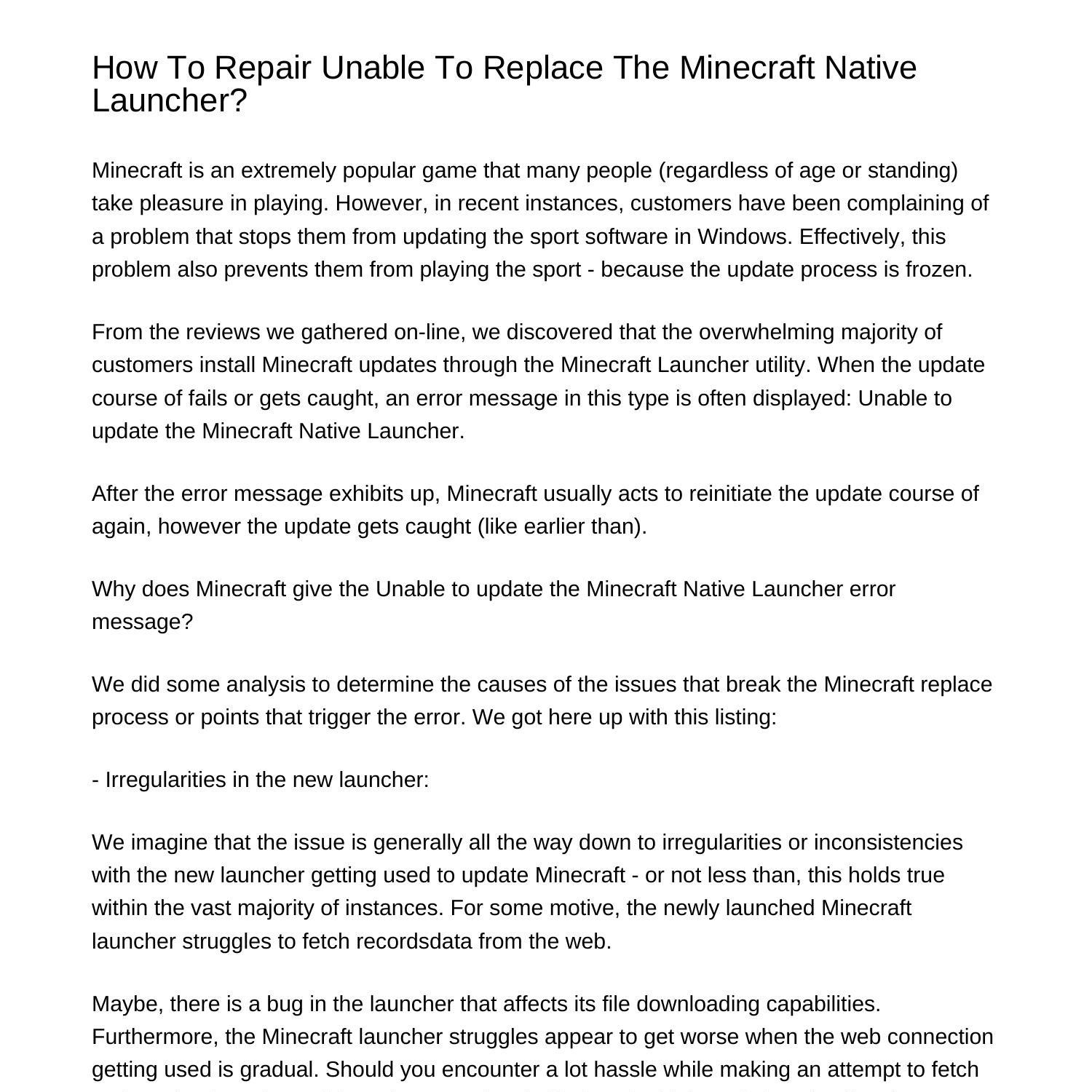 minecraft unable to update native launcher fix