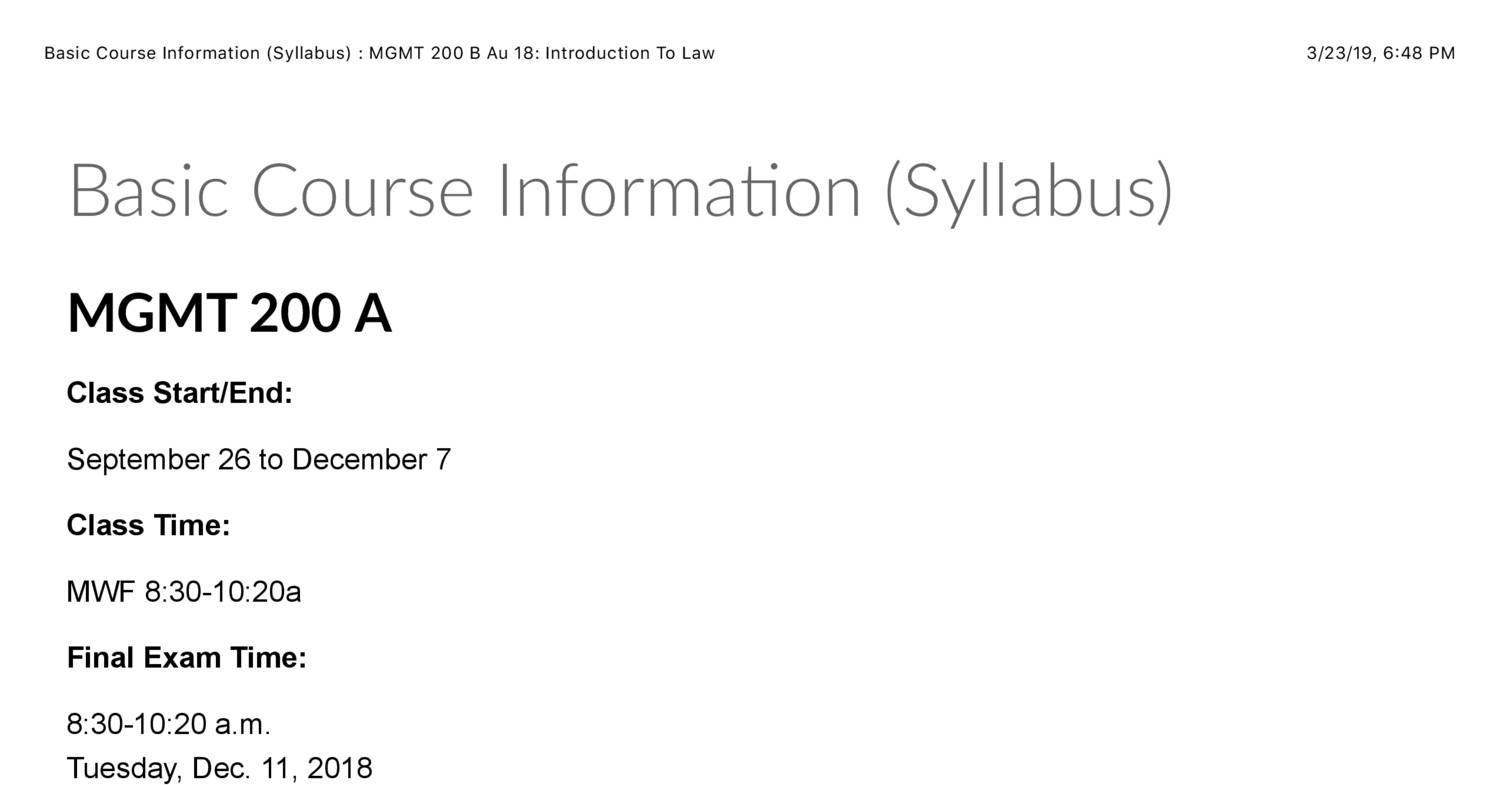 Basic Course Information (Syllabus) : MGMT 200 B Au 18: Introduction To ...